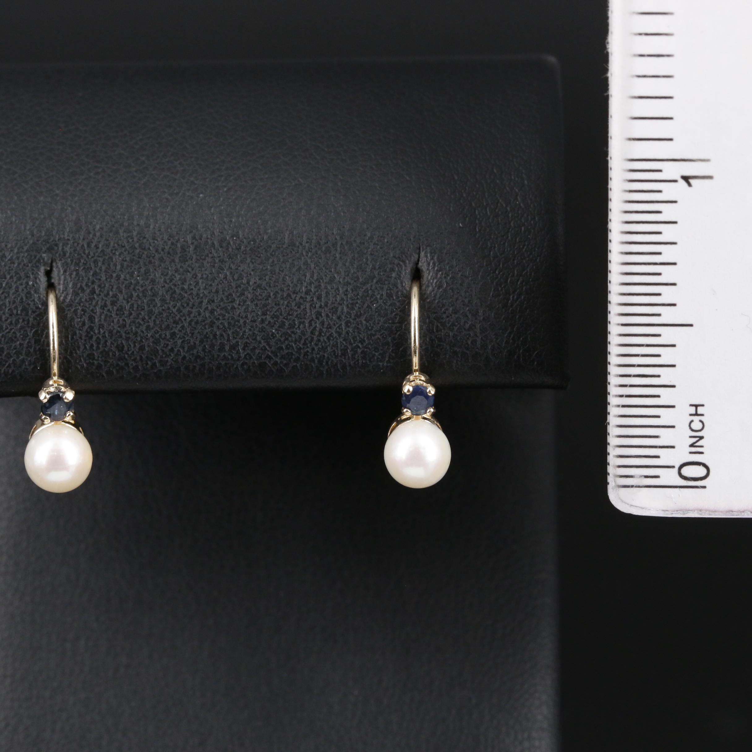 14K Pearl Drop Earrings Accented by Round Faceted Sapphires