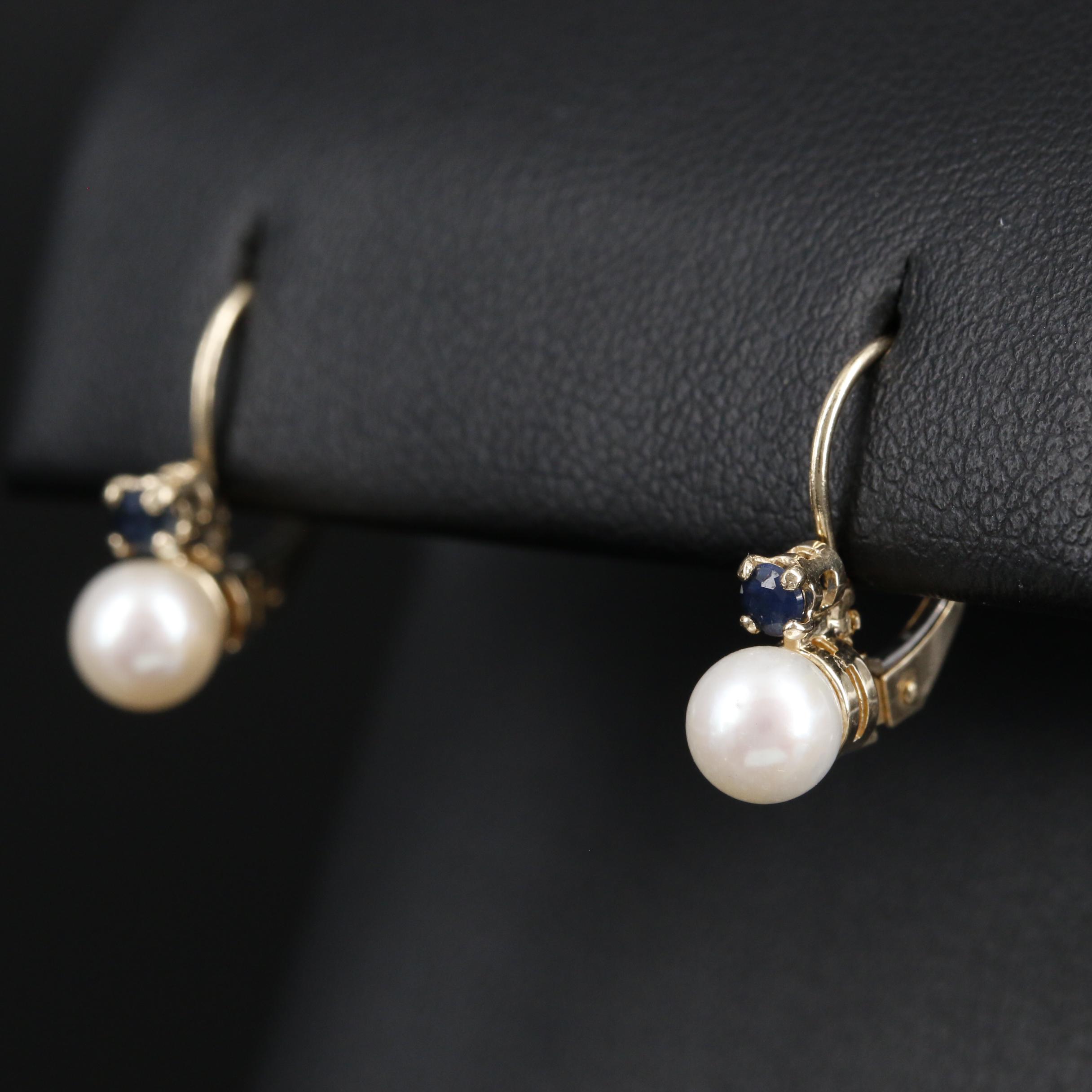 14K Pearl Drop Earrings Accented by Round Faceted Sapphires