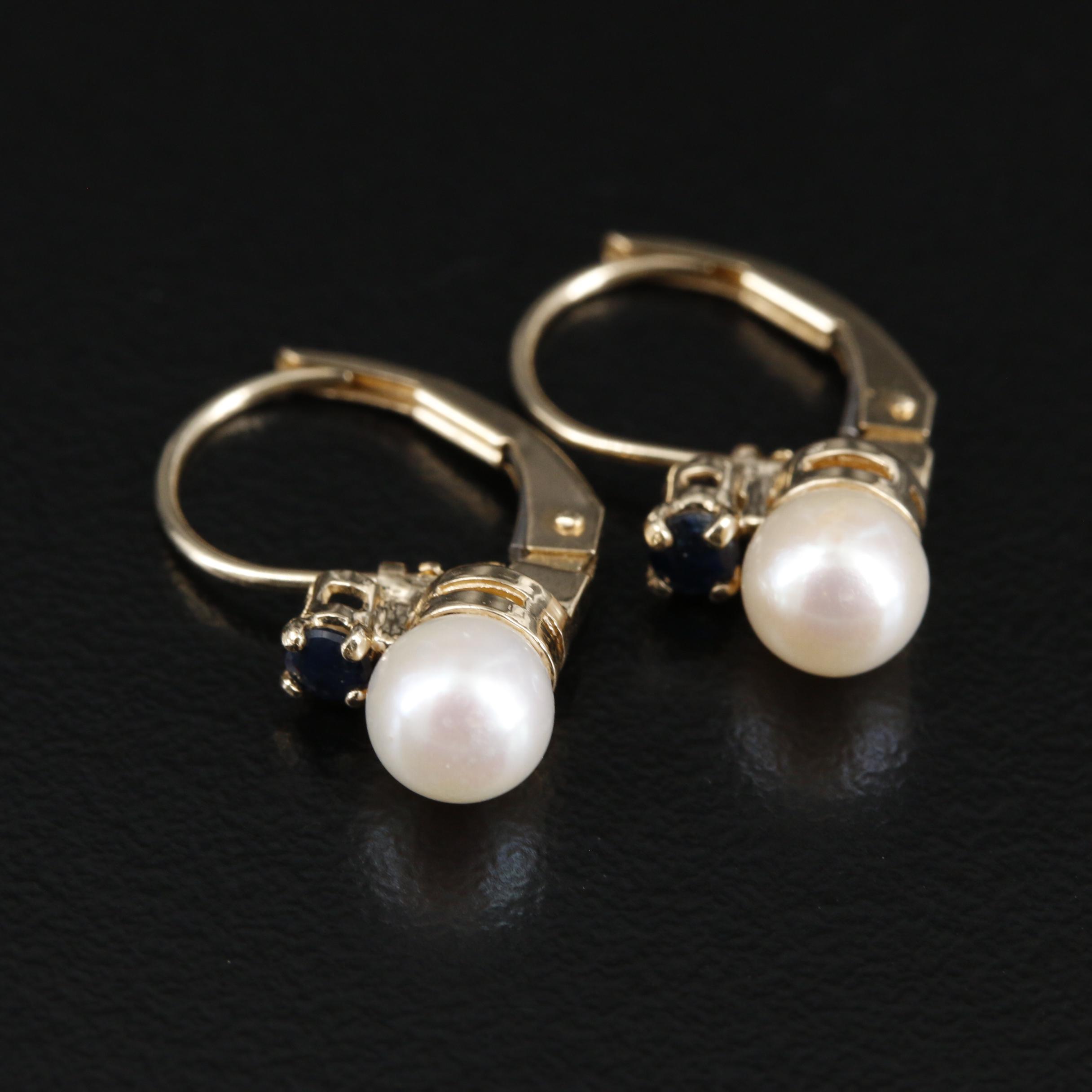 14K Pearl Drop Earrings Accented by Round Faceted Sapphires