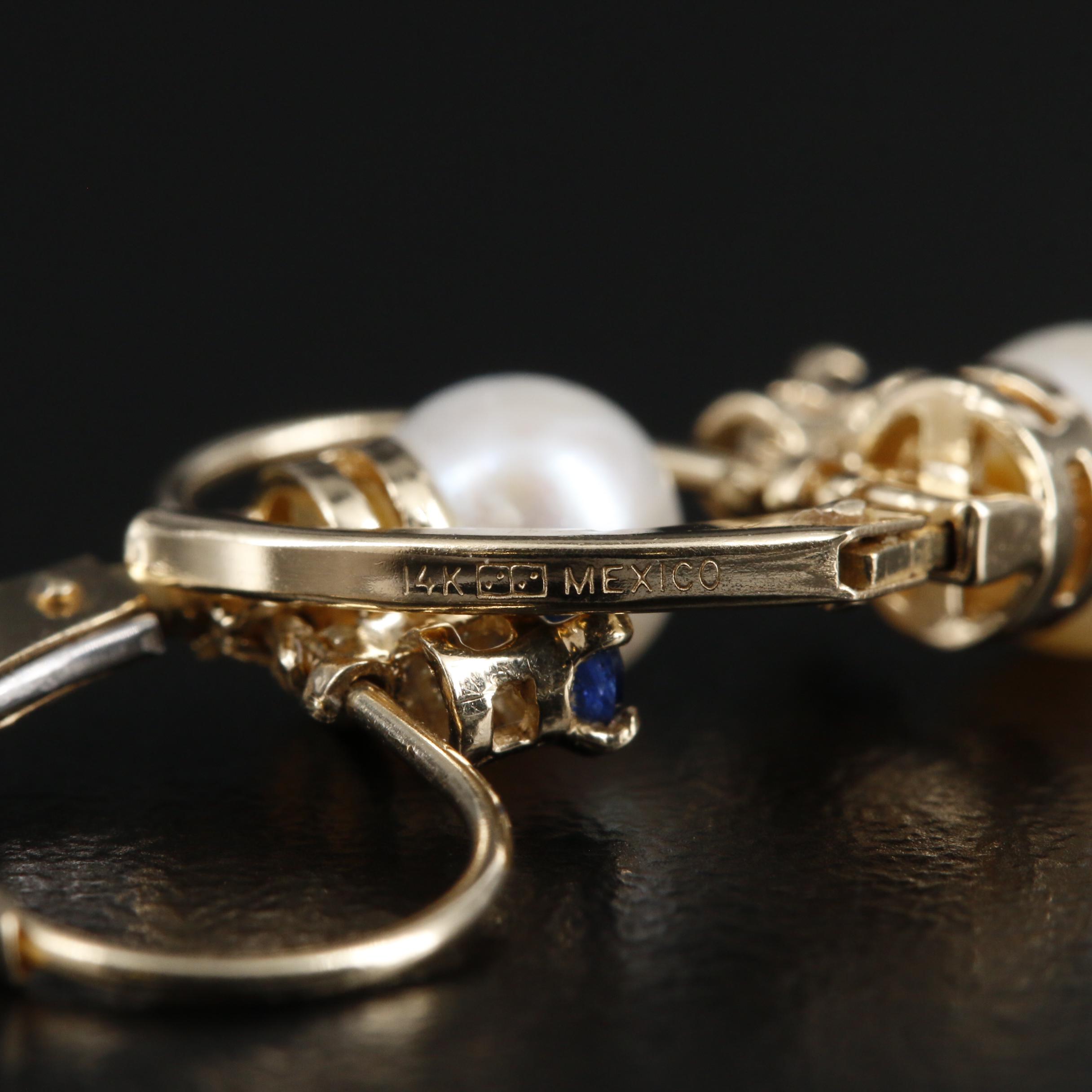 14K Pearl Drop Earrings Accented by Round Faceted Sapphires