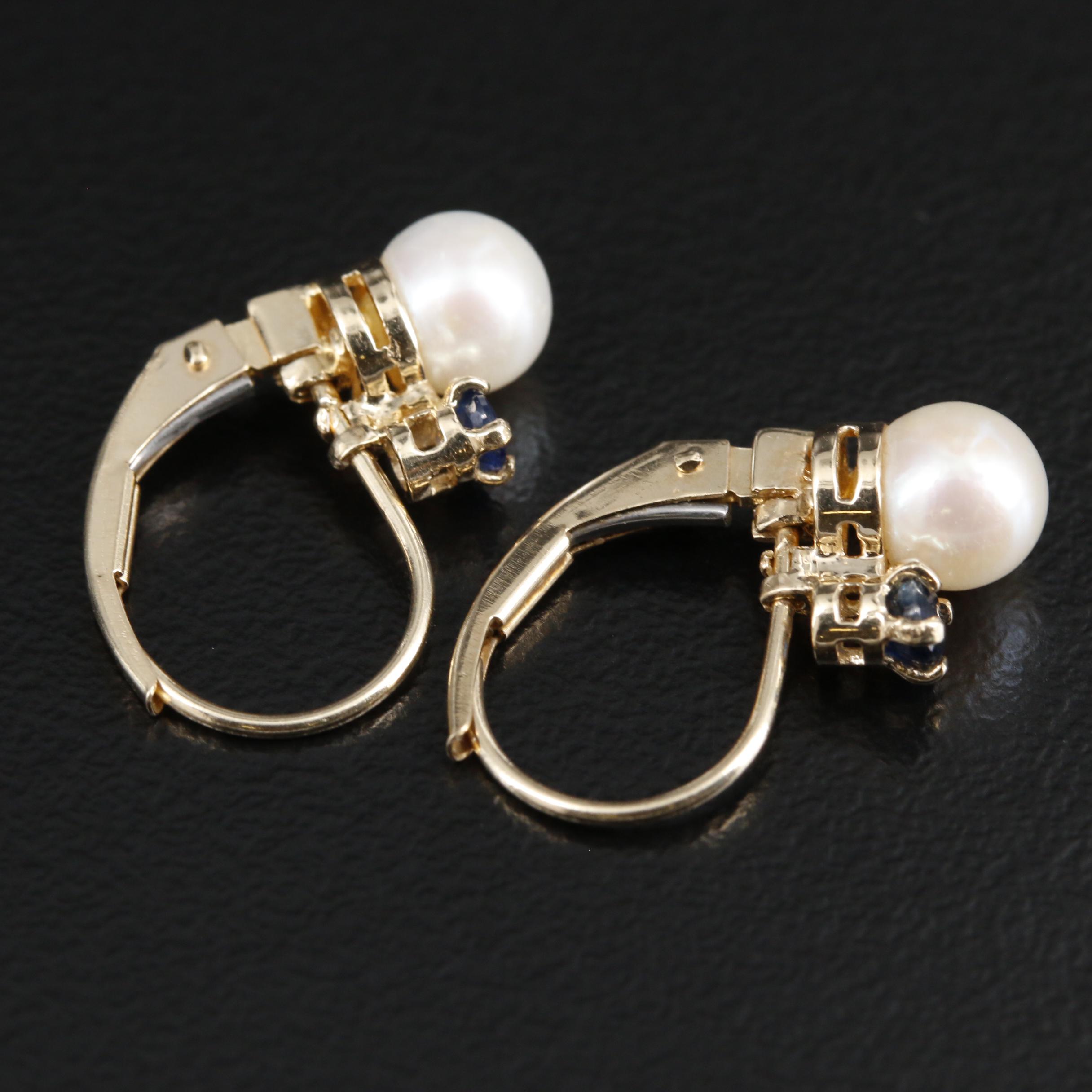 14K Pearl Drop Earrings Accented by Round Faceted Sapphires