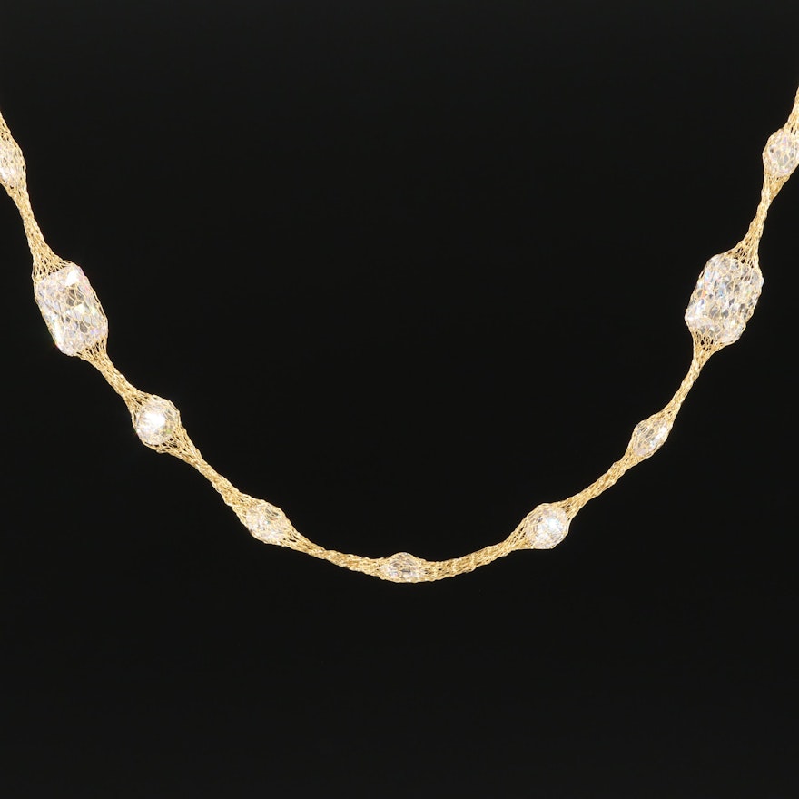 14K Gold Mesh Necklace with Cubic Zirconia Stations