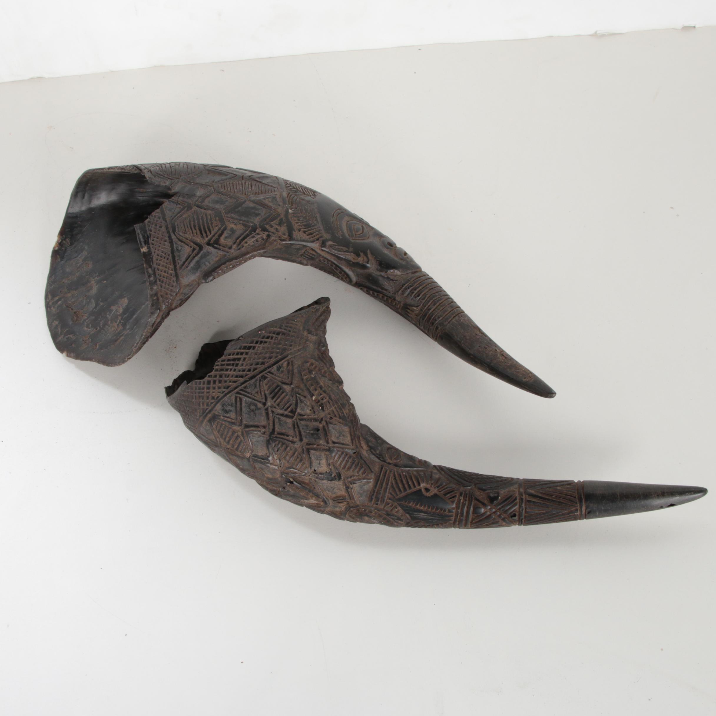 West African Carved Water Buffalo Horns with Figure and Crocodile Motifs