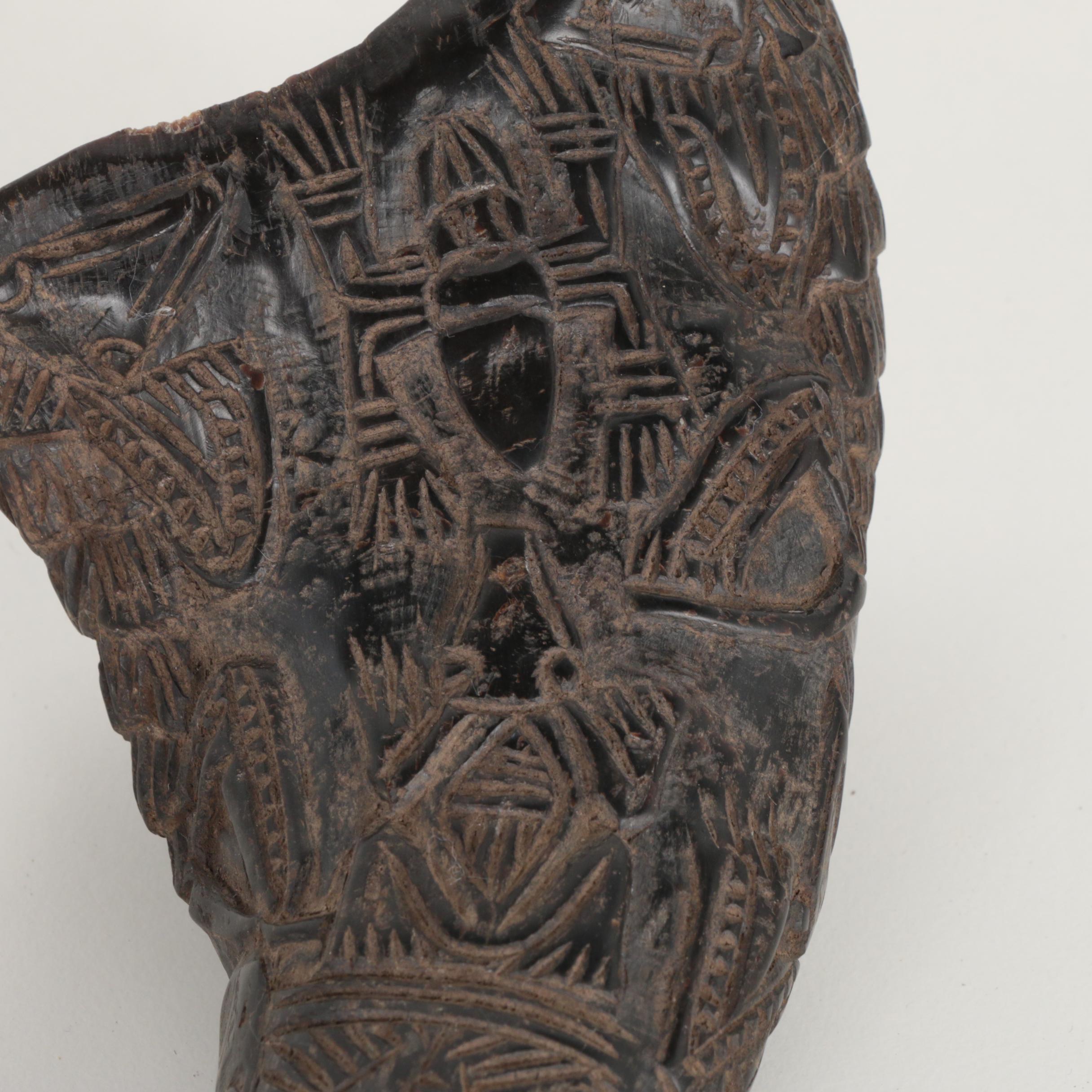 West African Carved Water Buffalo Horns with Figure and Crocodile Motifs