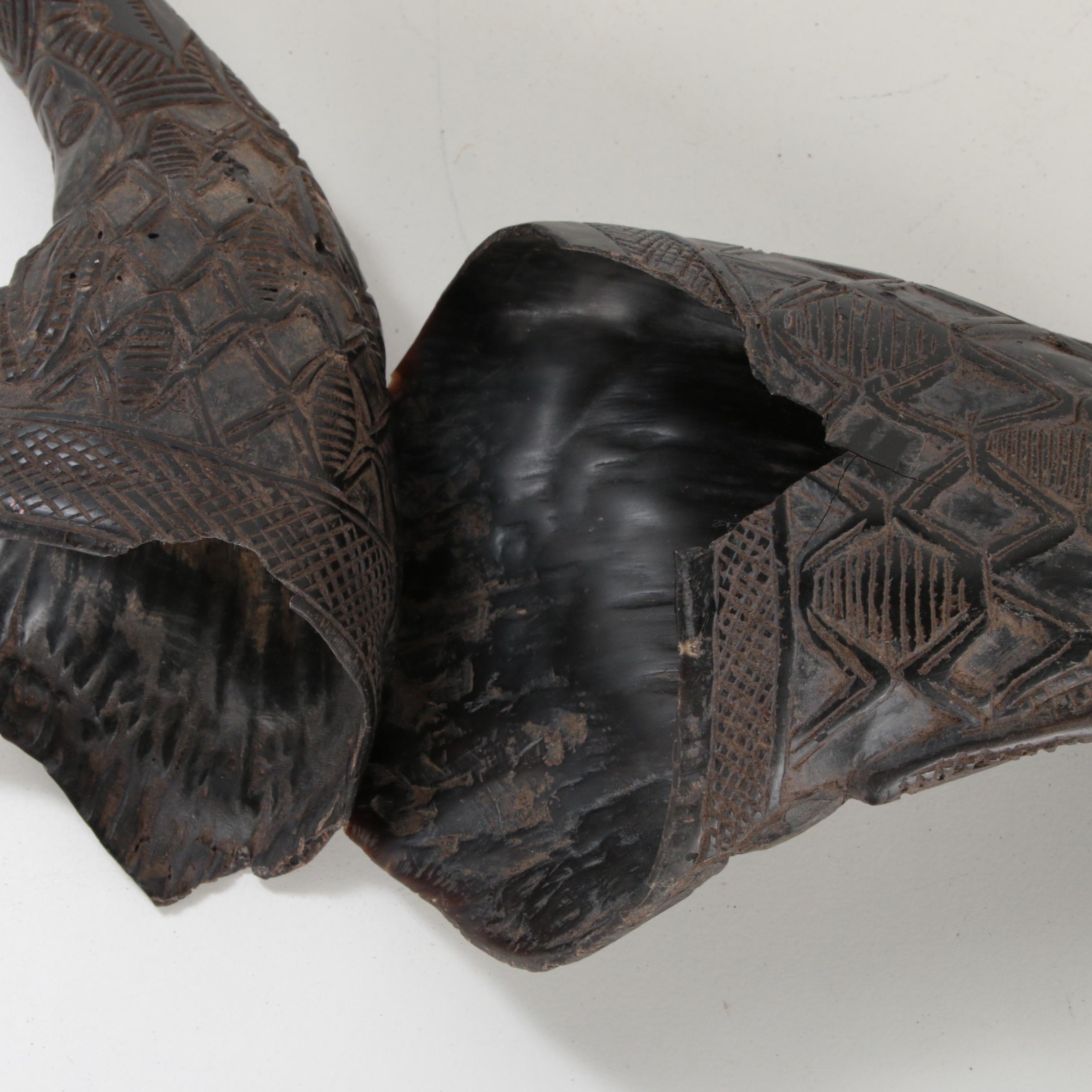 West African Carved Water Buffalo Horns with Figure and Crocodile Motifs