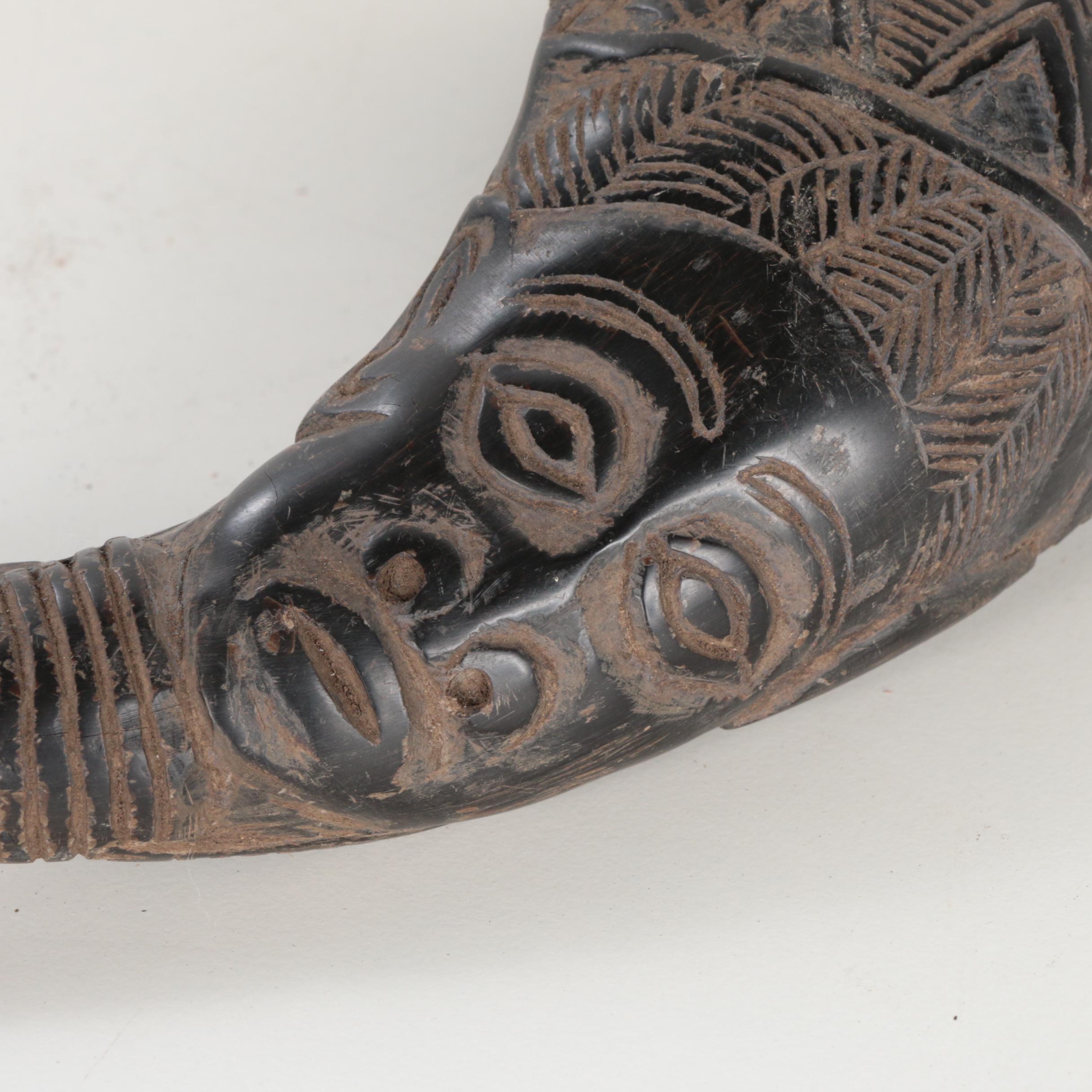 West African Carved Water Buffalo Horns with Figure and Crocodile Motifs