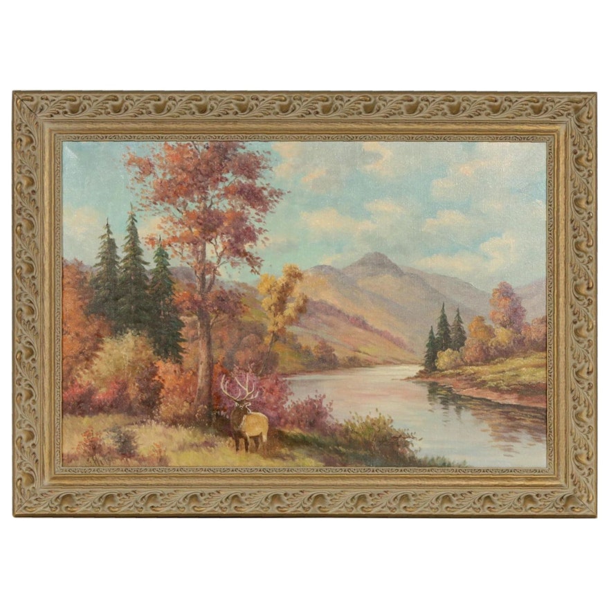 Oil Painting of Mountain Landscape with Elk, Late 20th Century