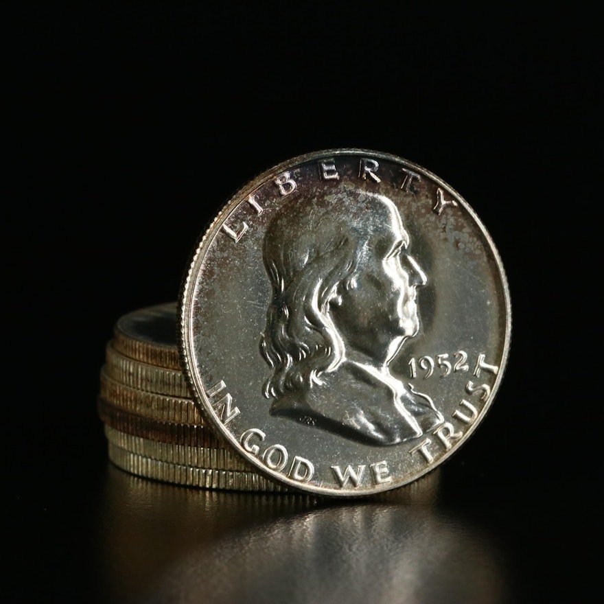 Seven Proof Franklin Silver Half Dollars, Including Better Dates 1952 and 1953