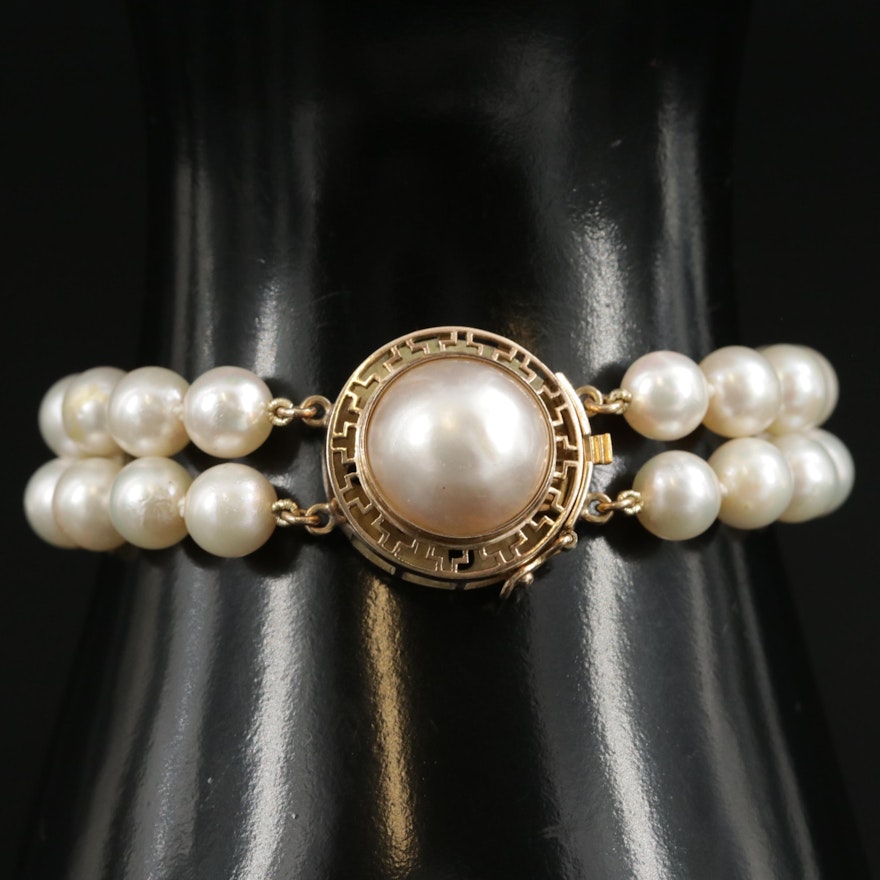 Vintage Double Strand Pearl Bracelet with 14K Gold Mabé Pearl Clasp