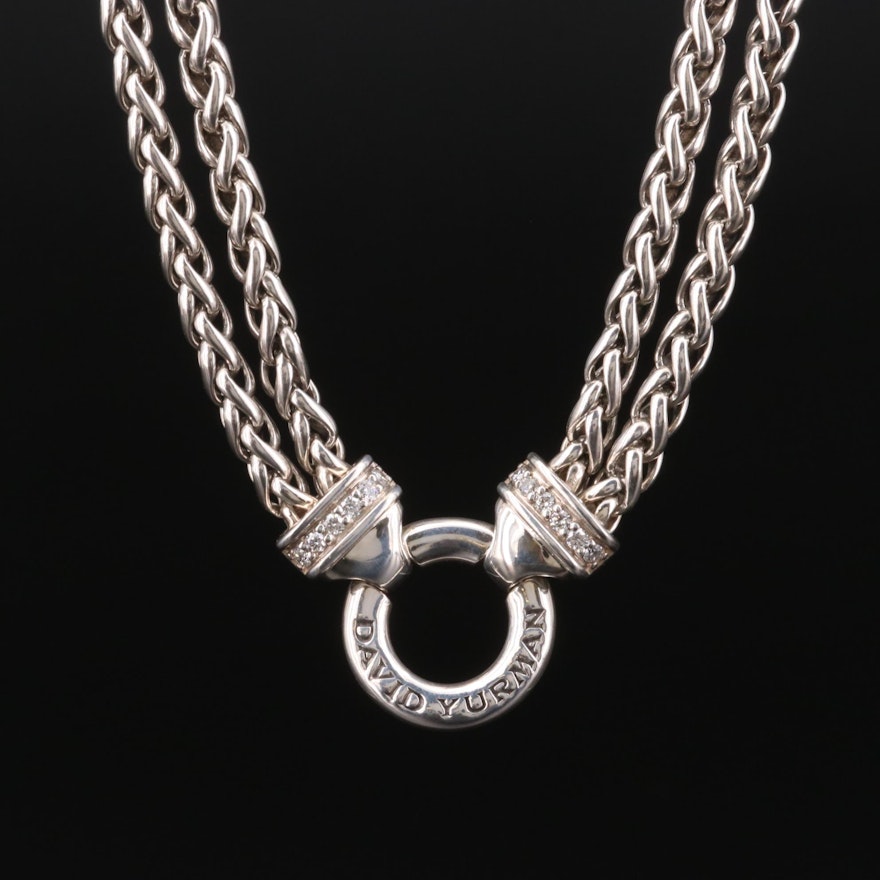 David Yurman Sterling Diamond Double Wheat Chain Necklace