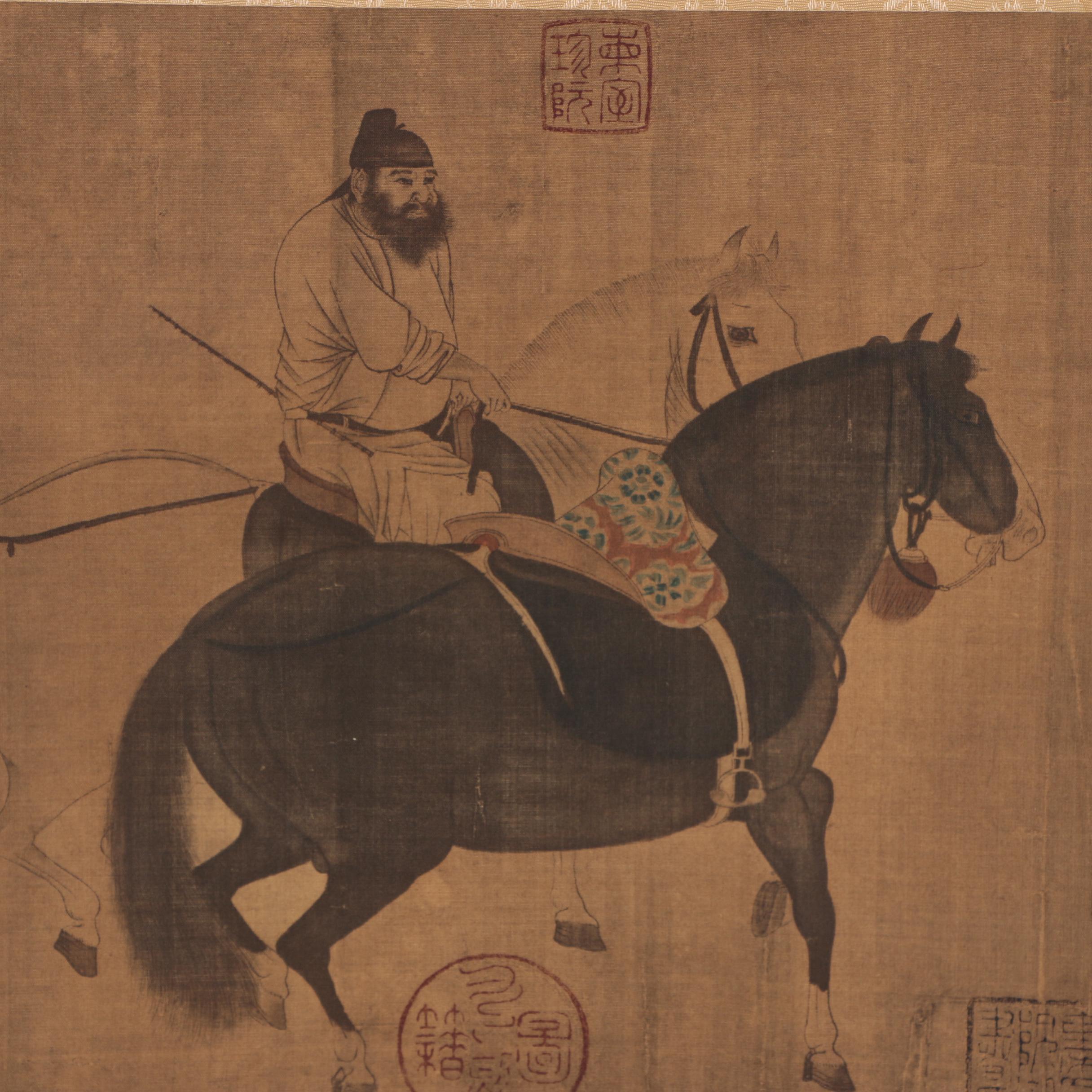 Chinese Watercolor Painting after Han Gan "Herding Horses" on Hanging Scroll