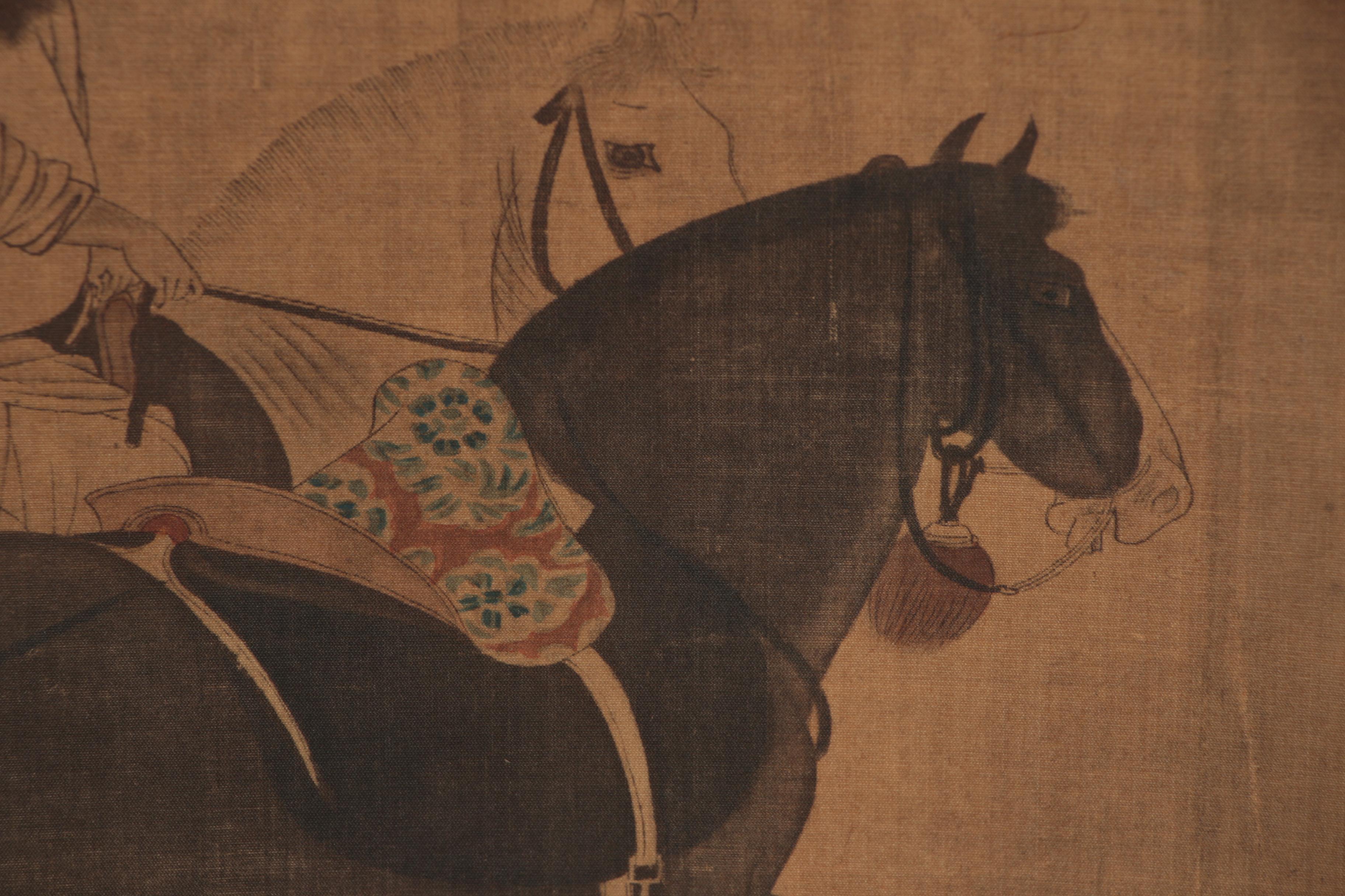 Chinese Watercolor Painting after Han Gan "Herding Horses" on Hanging Scroll