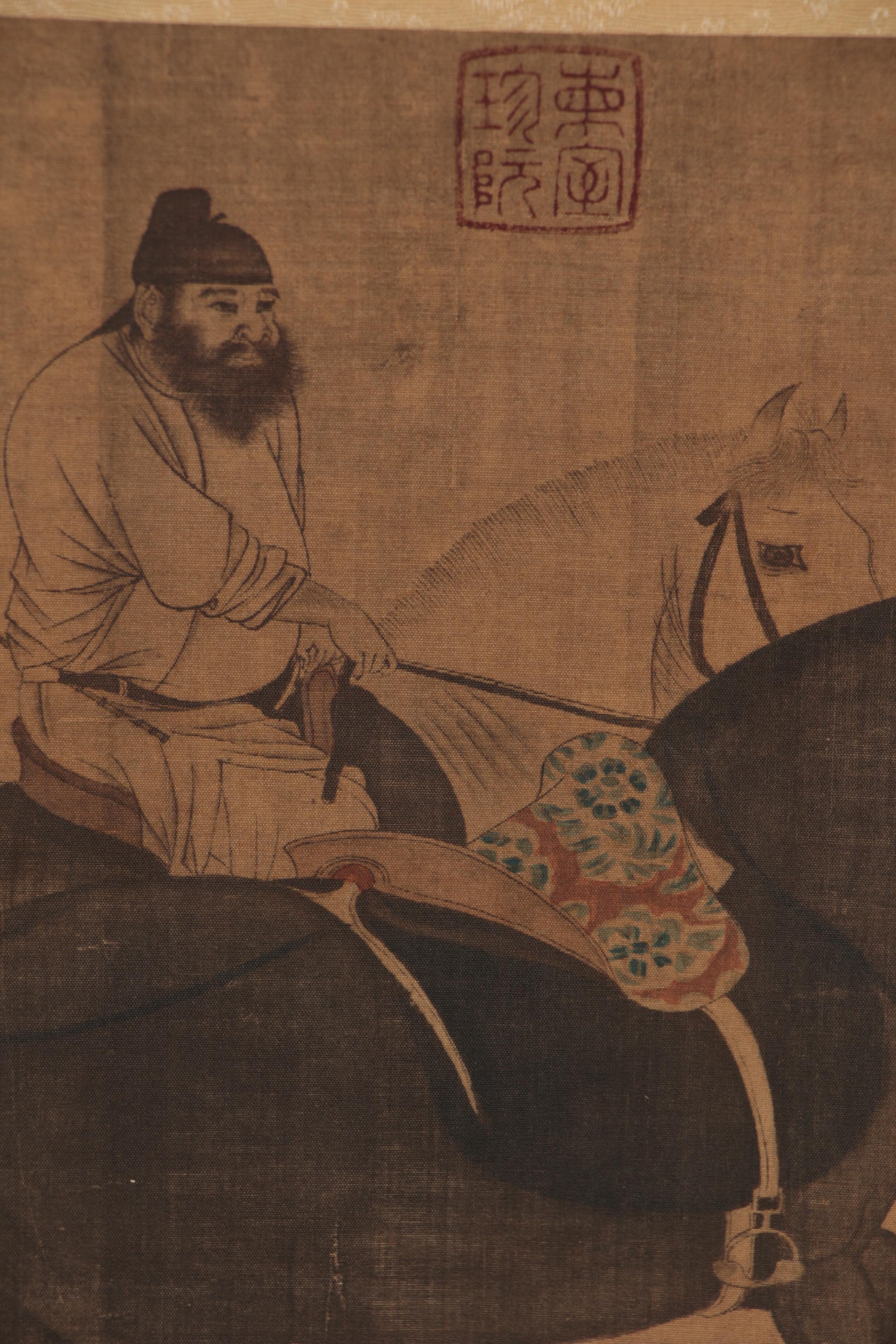 Chinese Watercolor Painting after Han Gan "Herding Horses" on Hanging Scroll