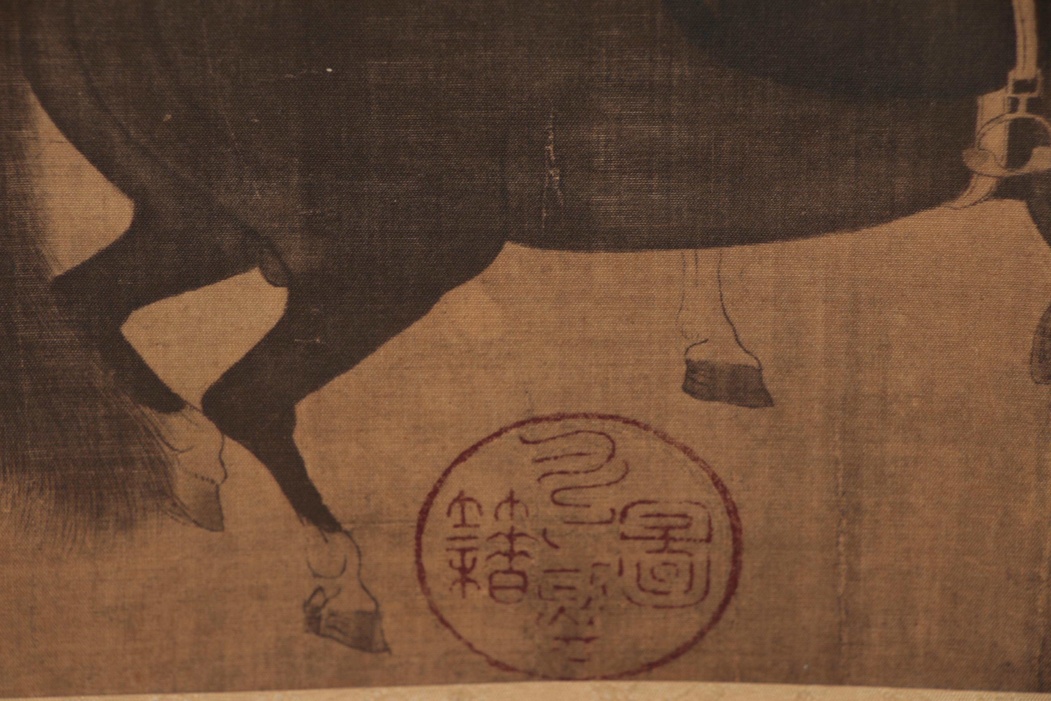 Chinese Watercolor Painting after Han Gan "Herding Horses" on Hanging Scroll