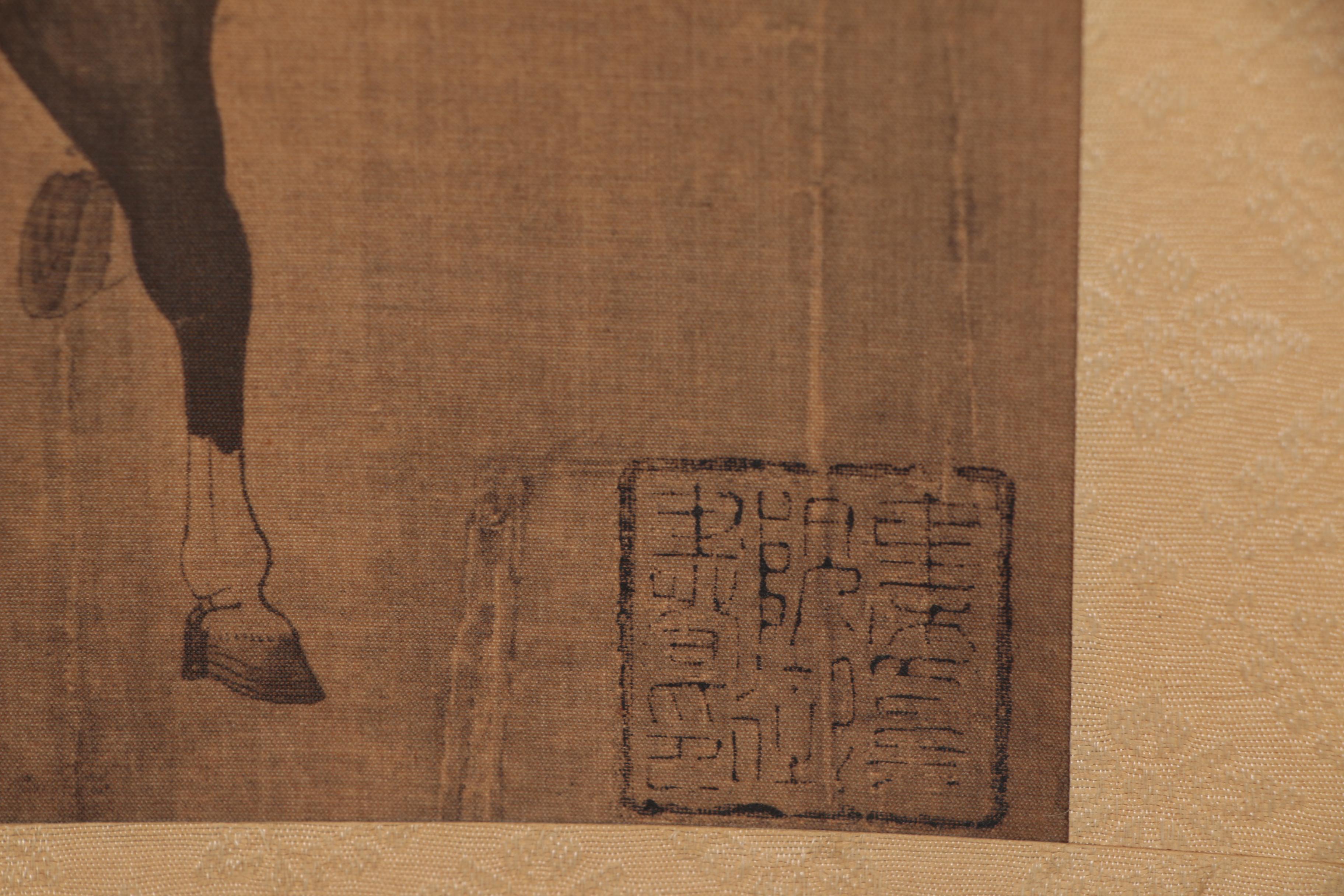 Chinese Watercolor Painting after Han Gan "Herding Horses" on Hanging Scroll