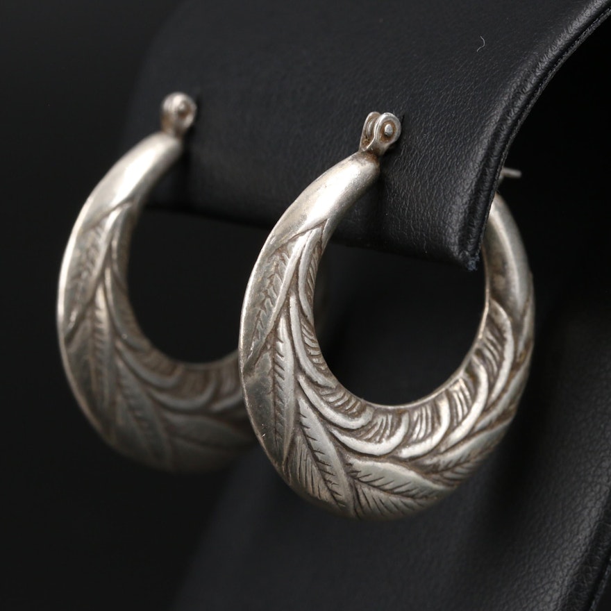 Sterling Silver Foliate Motif Hoop Earrings