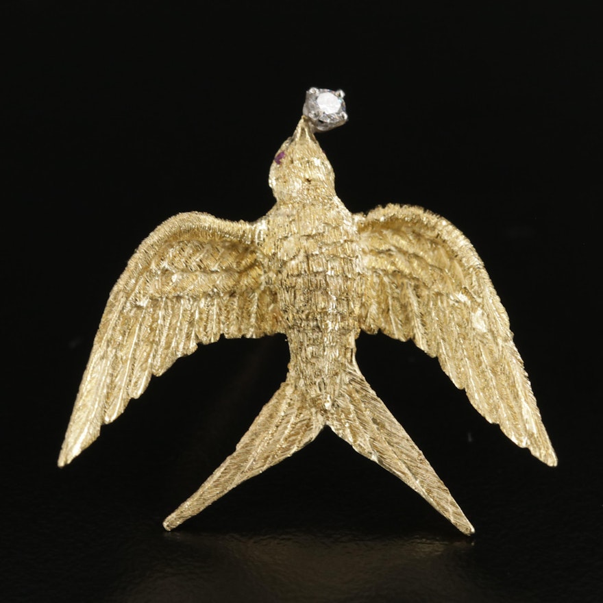 18K Yellow Gold Diamond and Ruby Swallow Brooch