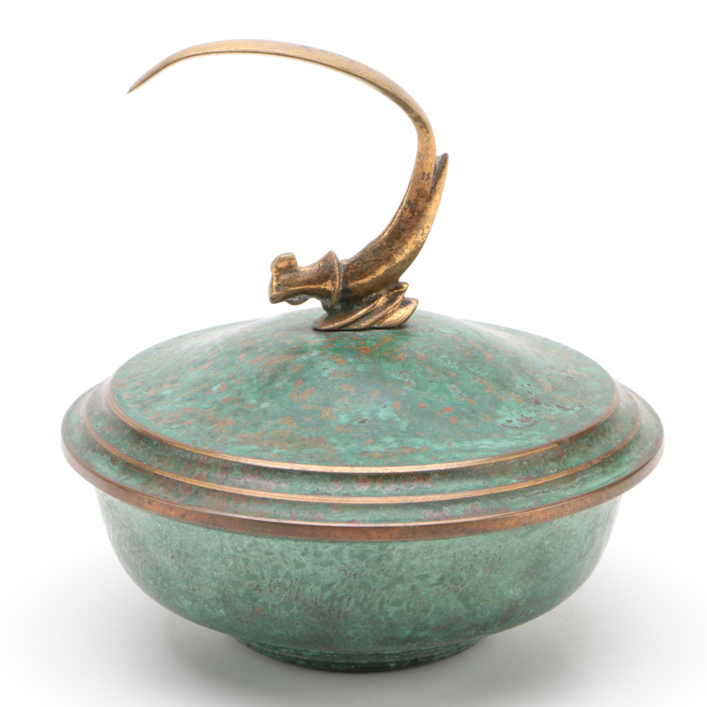 Carl Sorensen Art Deco Patinated Bronze Covered Bowl with Bird Finial
