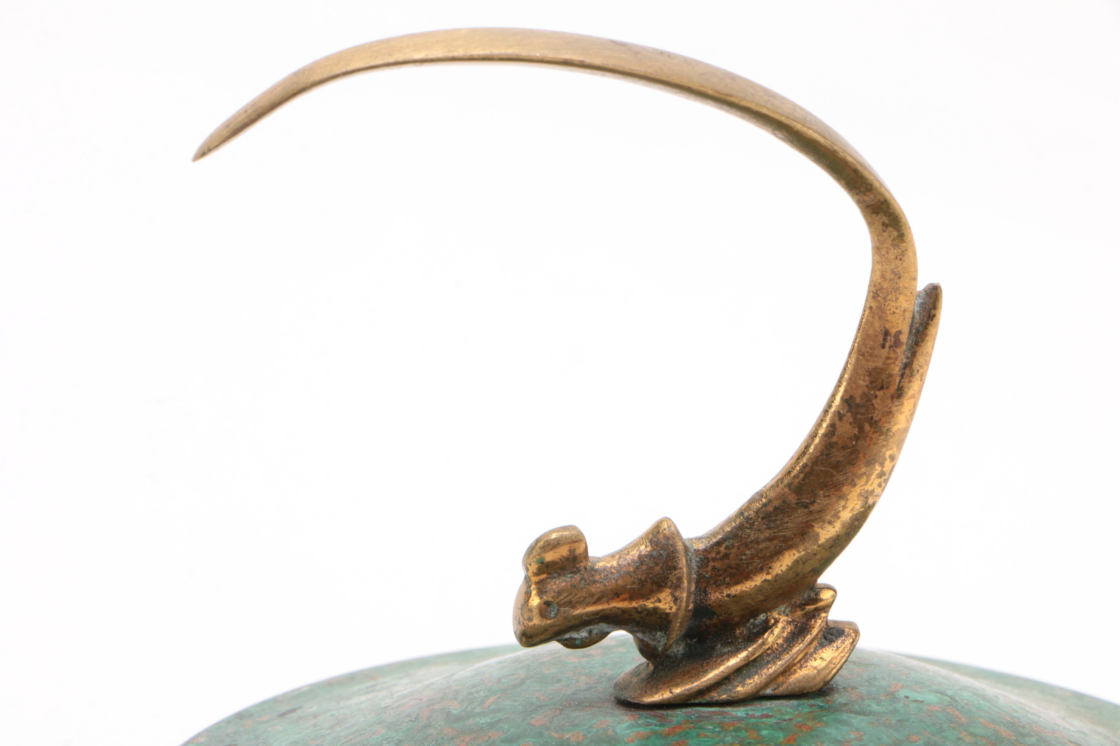 Carl Sorensen Art Deco Patinated Bronze Covered Bowl with Bird Finial