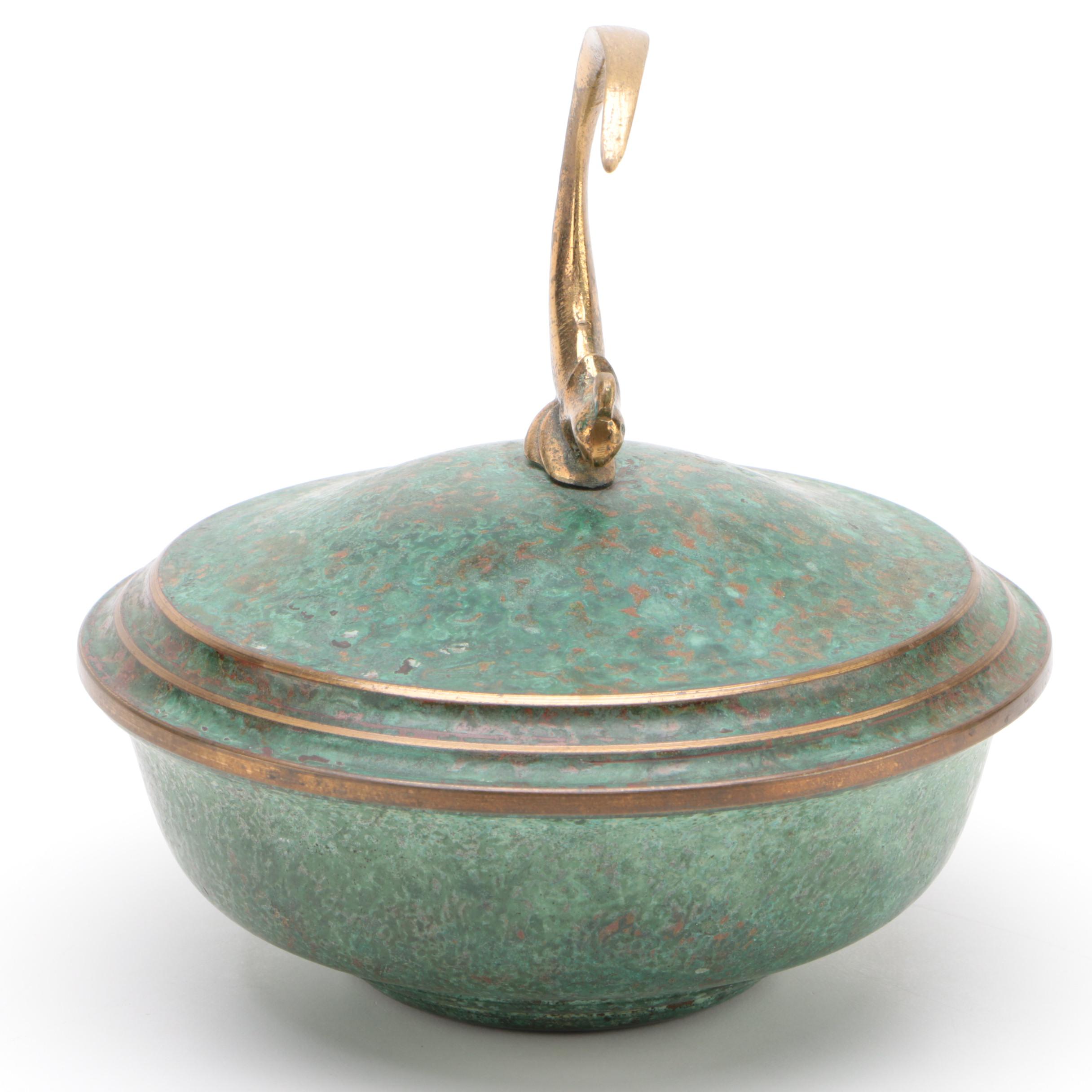 Carl Sorensen Art Deco Patinated Bronze Covered Bowl with Bird Finial