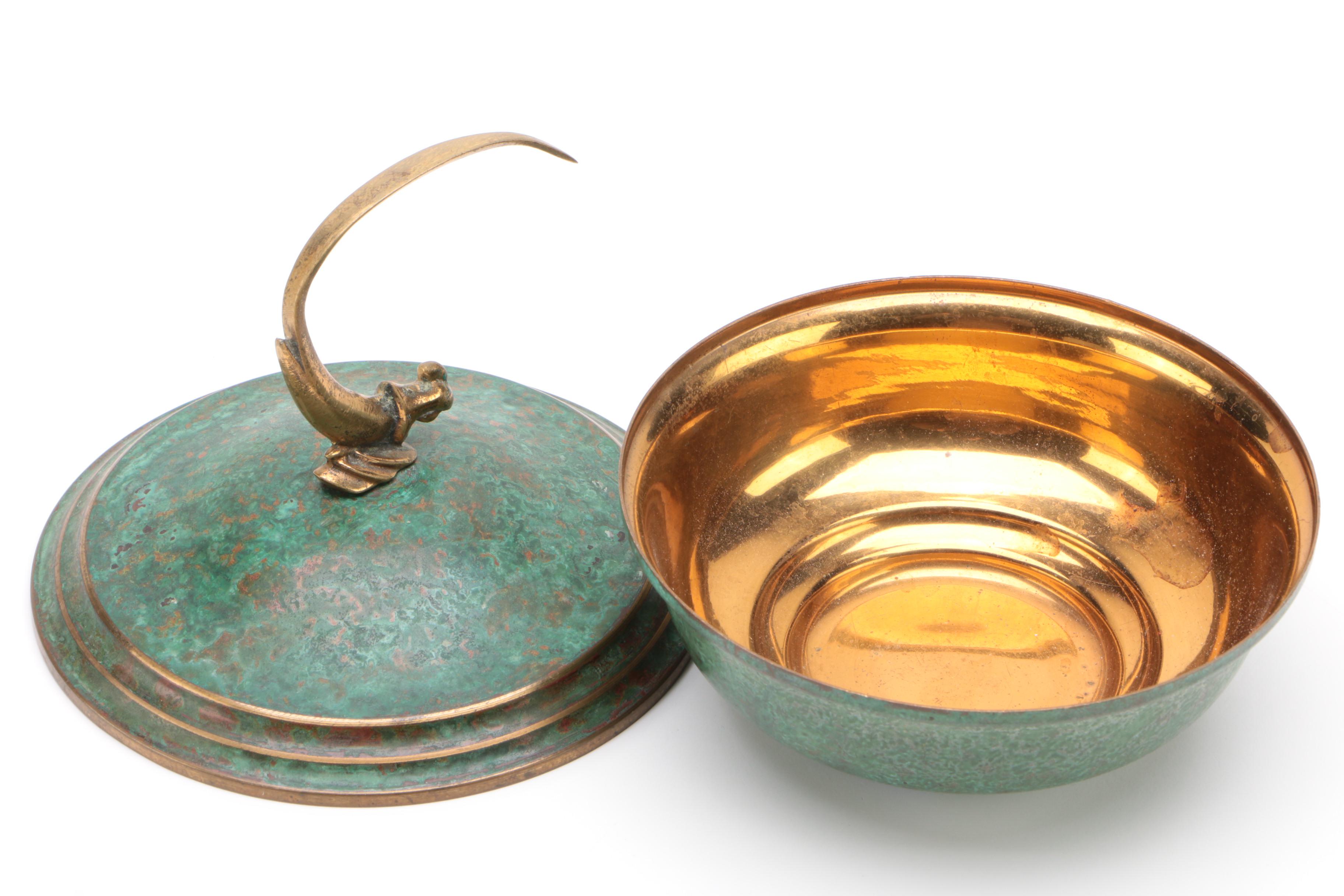Carl Sorensen Art Deco Patinated Bronze Covered Bowl with Bird Finial
