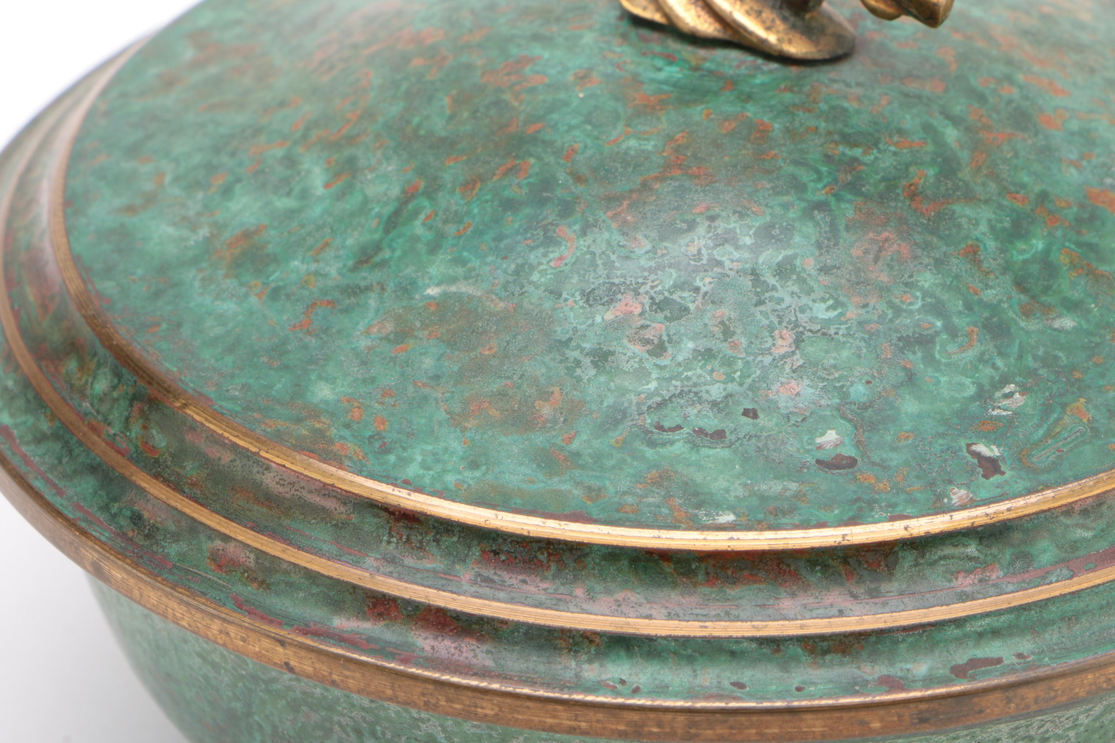 Carl Sorensen Art Deco Patinated Bronze Covered Bowl with Bird Finial