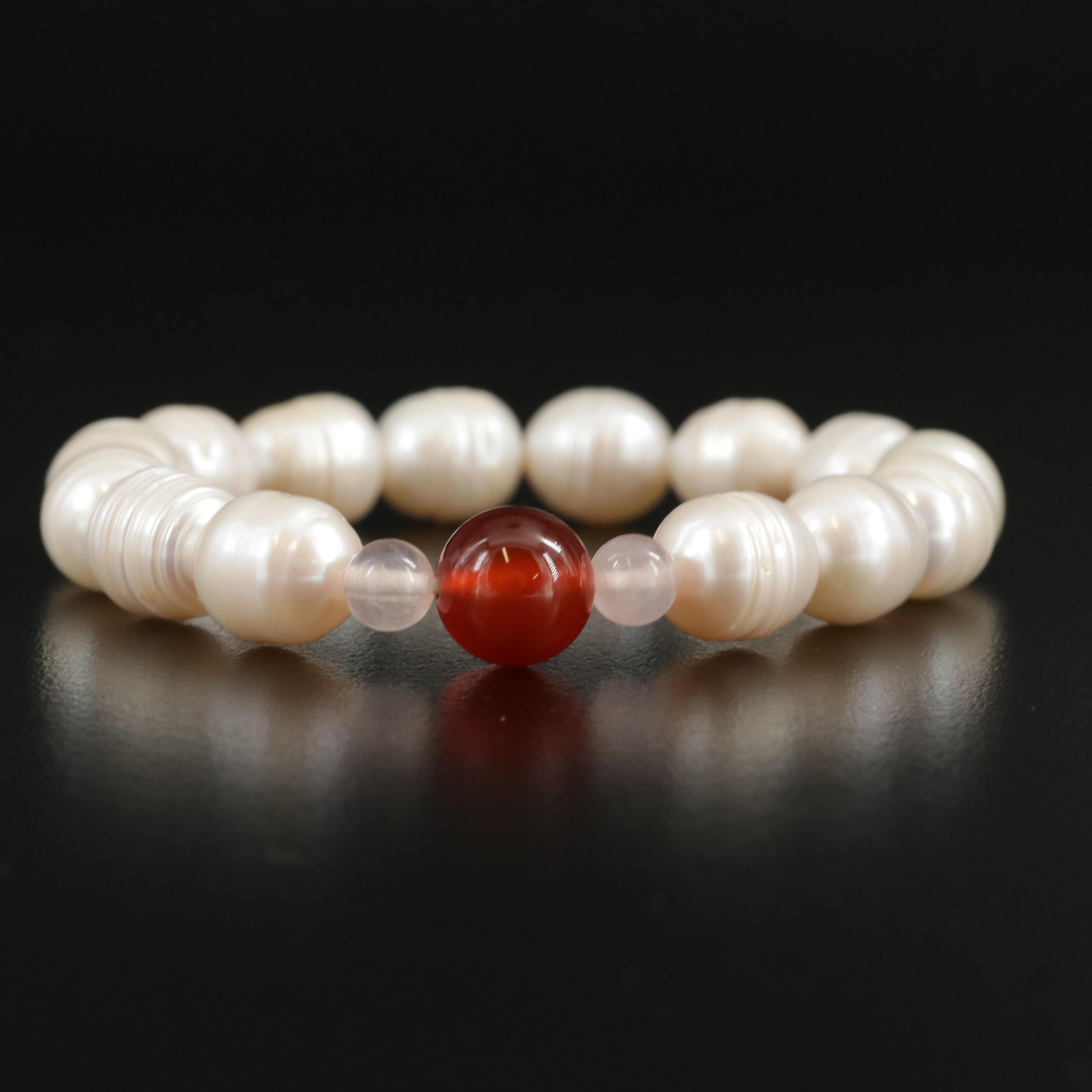 Carnelian, Rose Quartz and Pearl Flexible Bracelet