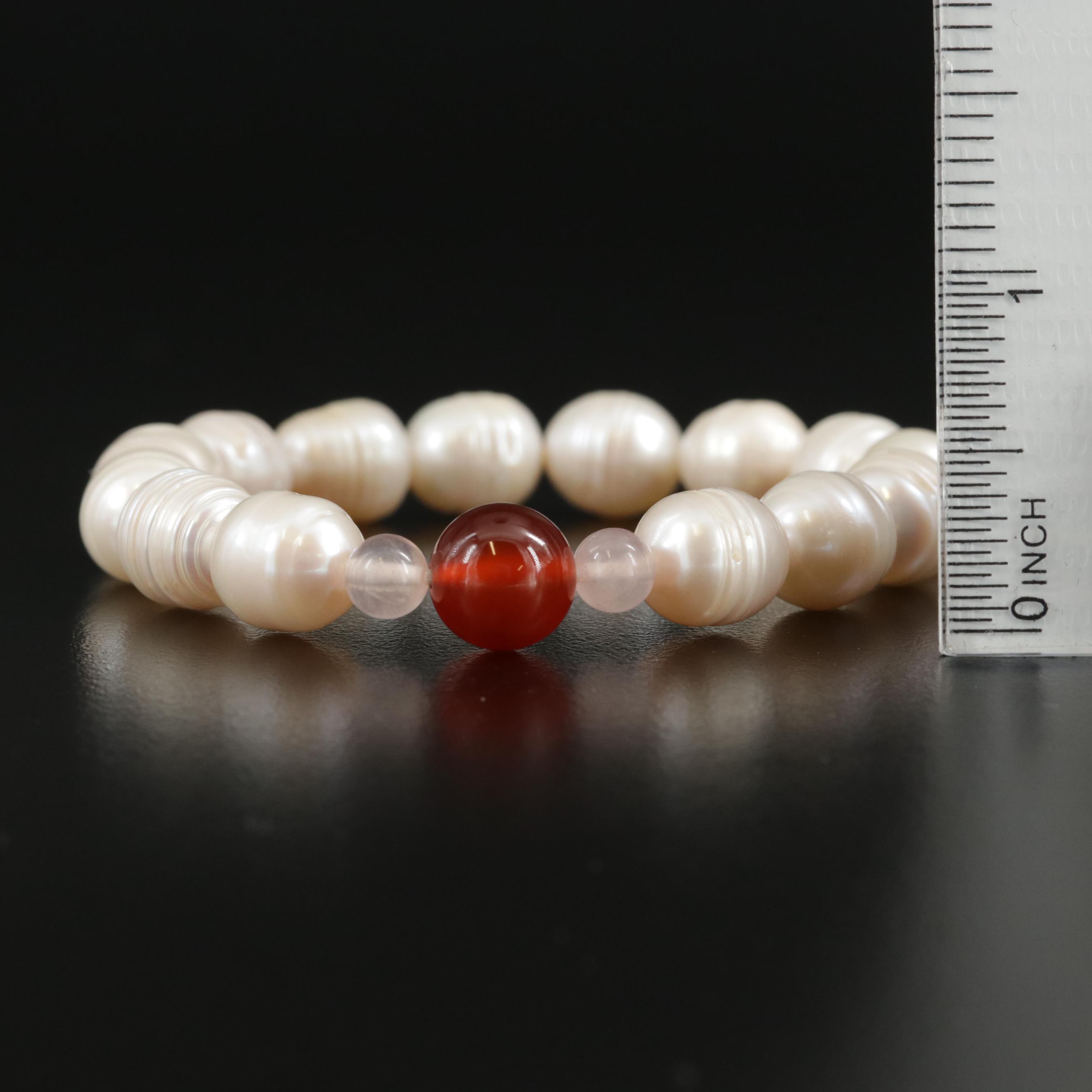 Carnelian, Rose Quartz and Pearl Flexible Bracelet