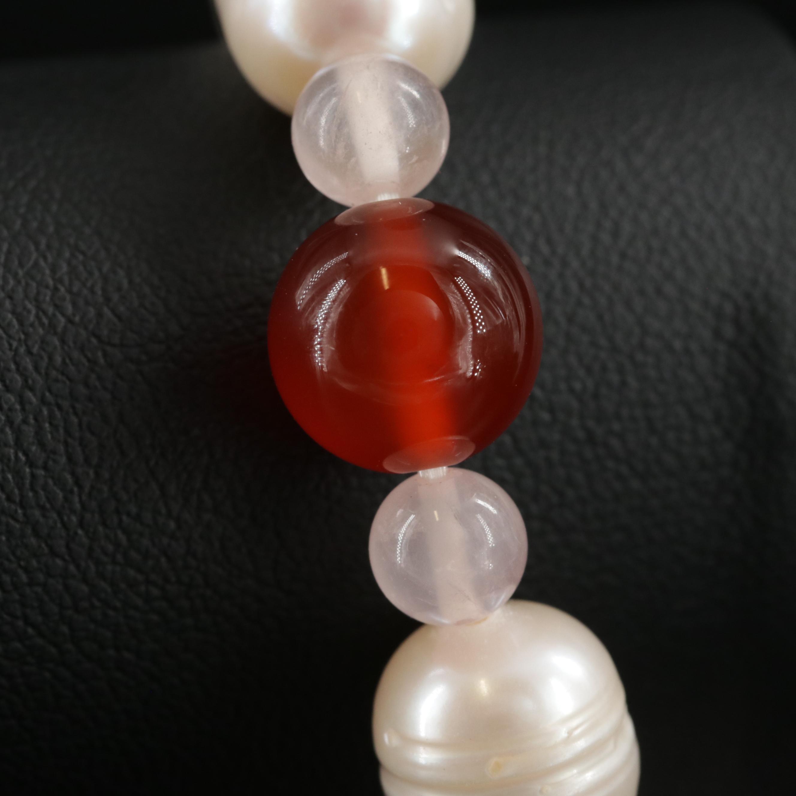 Carnelian, Rose Quartz and Pearl Flexible Bracelet