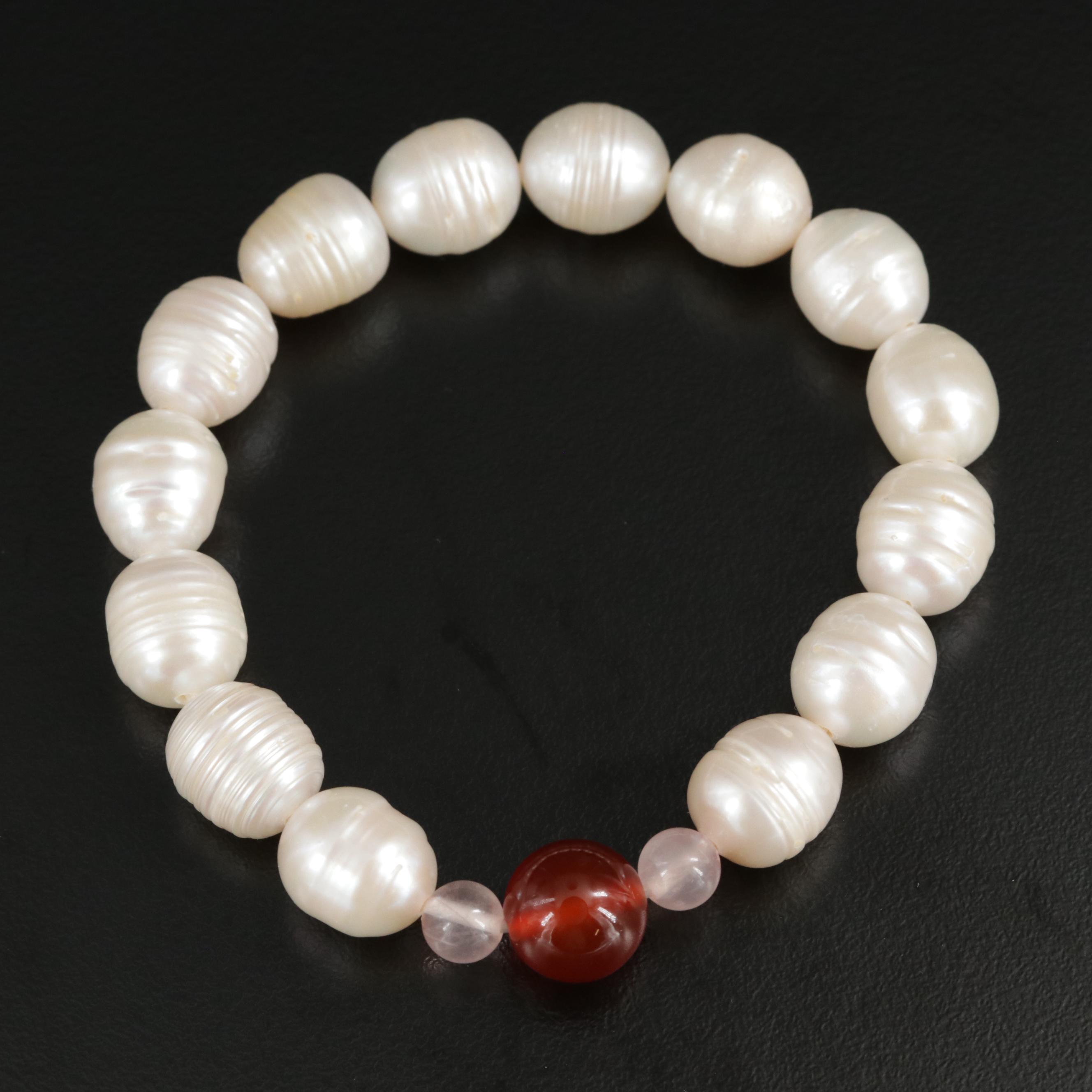 Carnelian, Rose Quartz and Pearl Flexible Bracelet