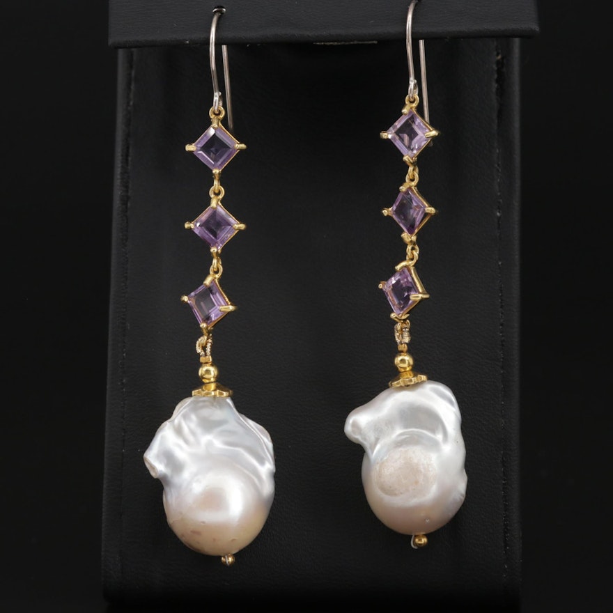 Sterling Silver Baroque Pearl and Amethyst Dangle Earrings