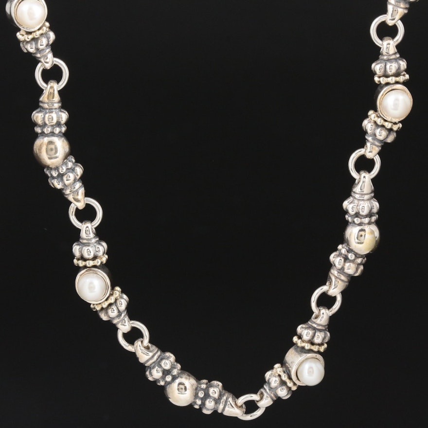 Caviar by Lagos Sterling Pearl Necklace with 18K Gold Accents