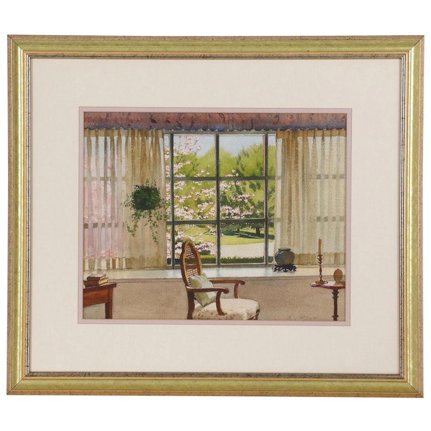 Edmond J. Fitzgerald Watercolor Painting of Interior Scene