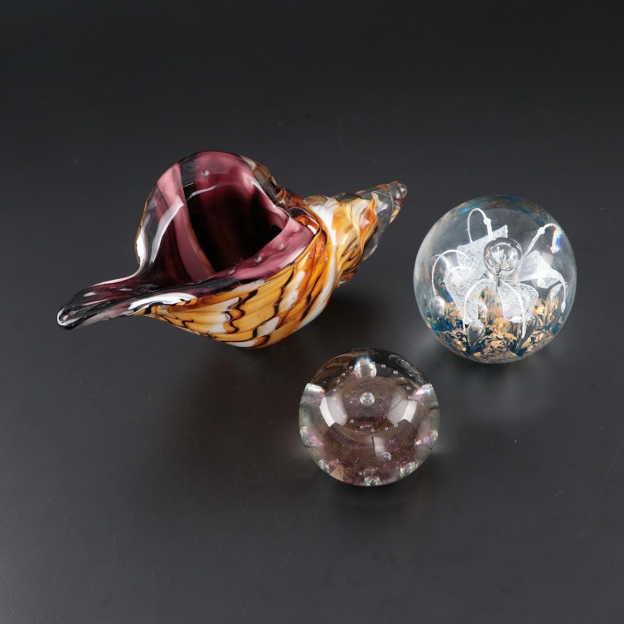 Art Glass Paperweights with Art Glass Shell Bowl