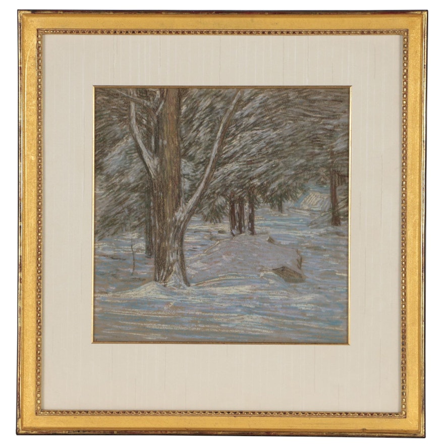 Charles Kaelin Divisionist Pastel Drawing "Winter Woods", Early 20th Century