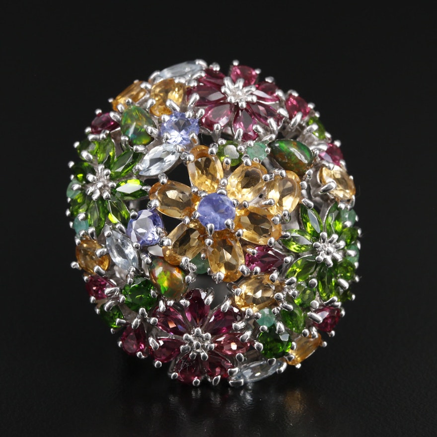 Sterling Silver Floral Dome Ring with Tanzanite, Citrine and Rhodolite Garnet