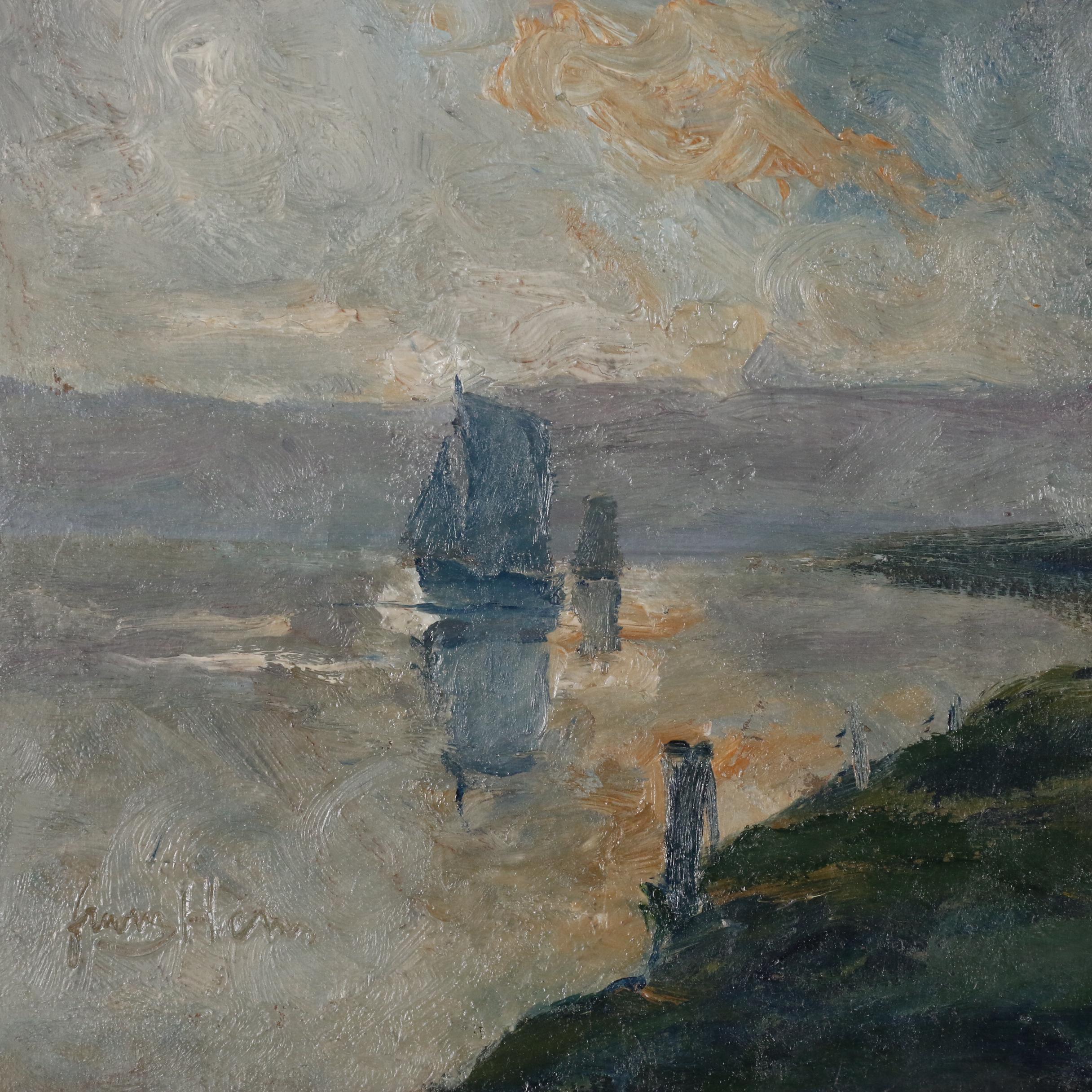 Frans Hens Oil Painting on the River Scheldt, Early 20th Century