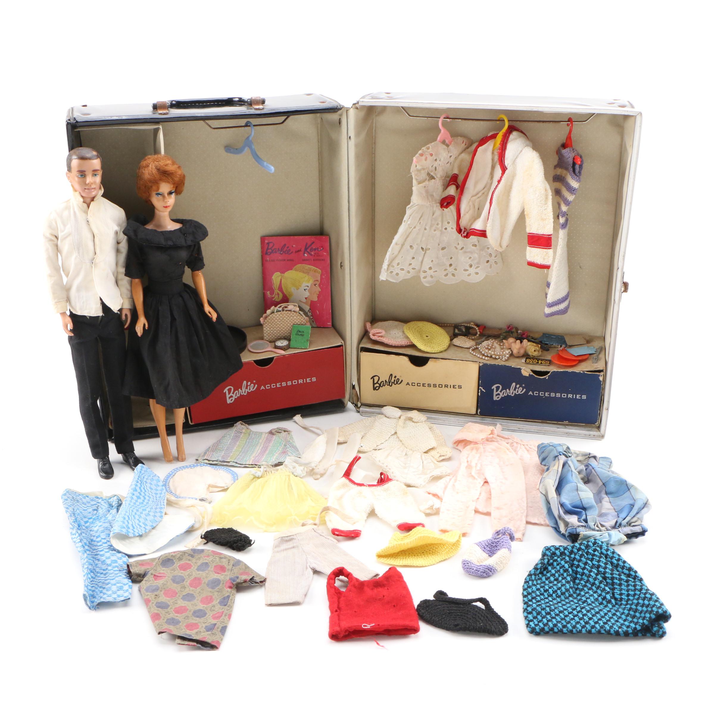 Mattel Barbie and Ken Dolls with Clothing and Carrying Case, 1960s