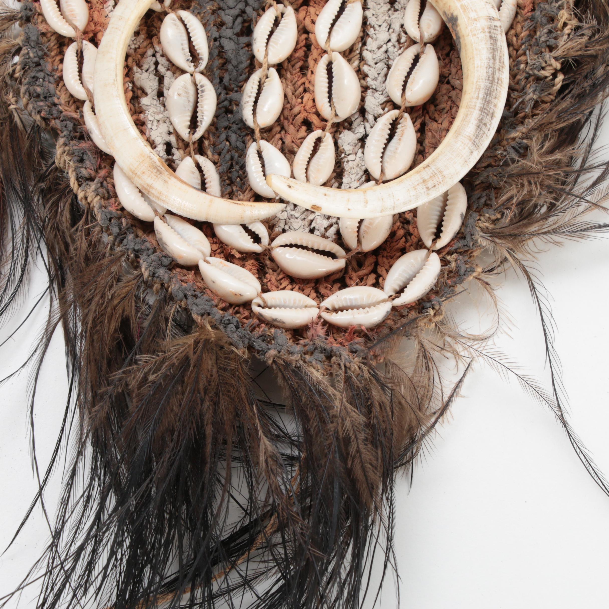 Middle Sepik River Valley Boar Tusk, Shell, and Feather Woven Fiber Gourd Cover