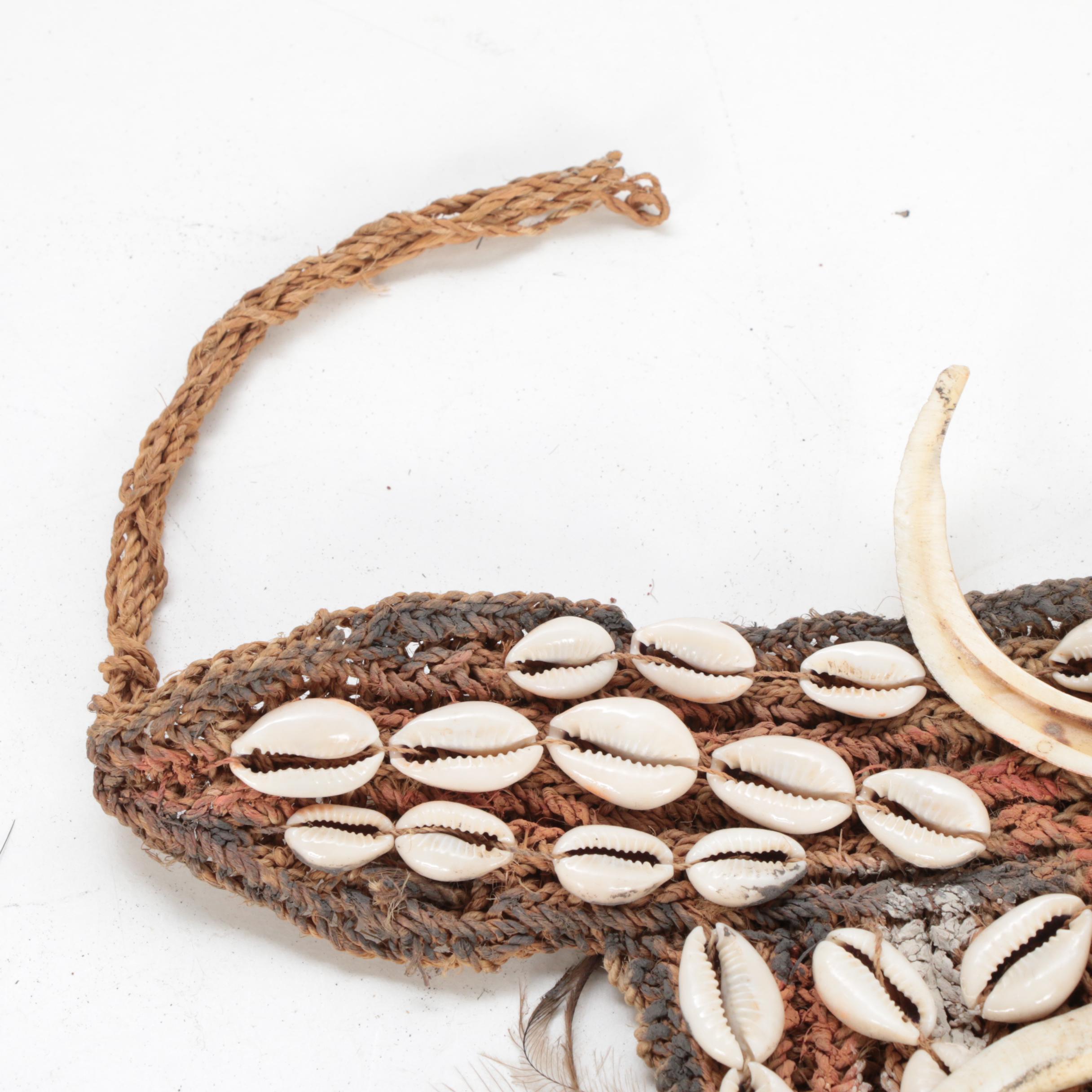 Middle Sepik River Valley Boar Tusk, Shell, and Feather Woven Fiber Gourd Cover