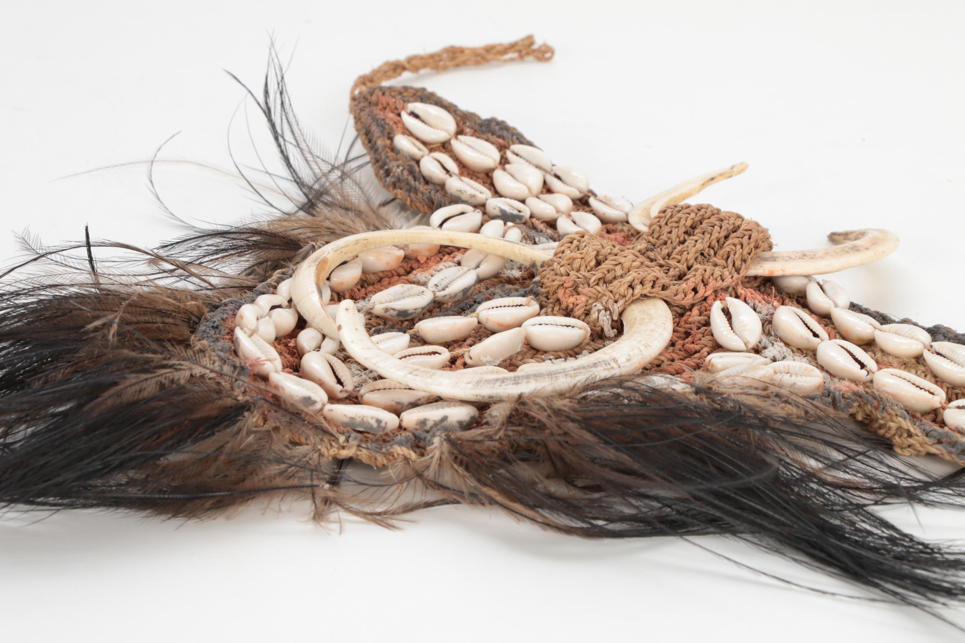 Middle Sepik River Valley Boar Tusk, Shell, and Feather Woven Fiber Gourd Cover