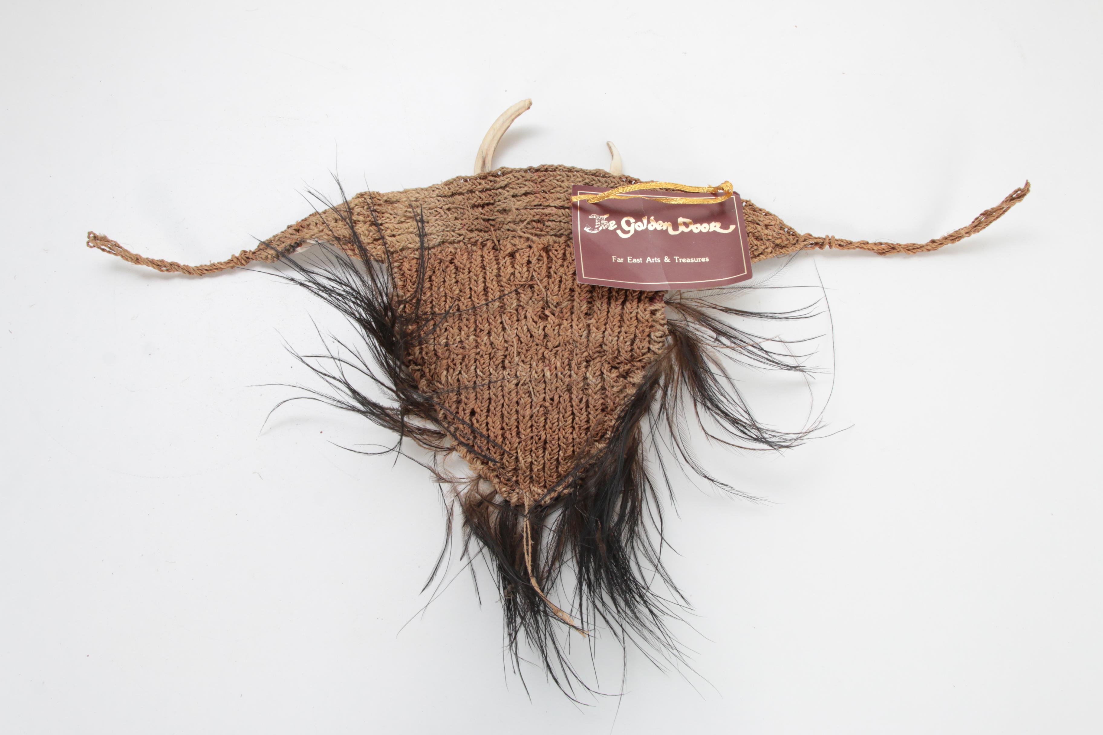 Middle Sepik River Valley Boar Tusk, Shell, and Feather Woven Fiber Gourd Cover