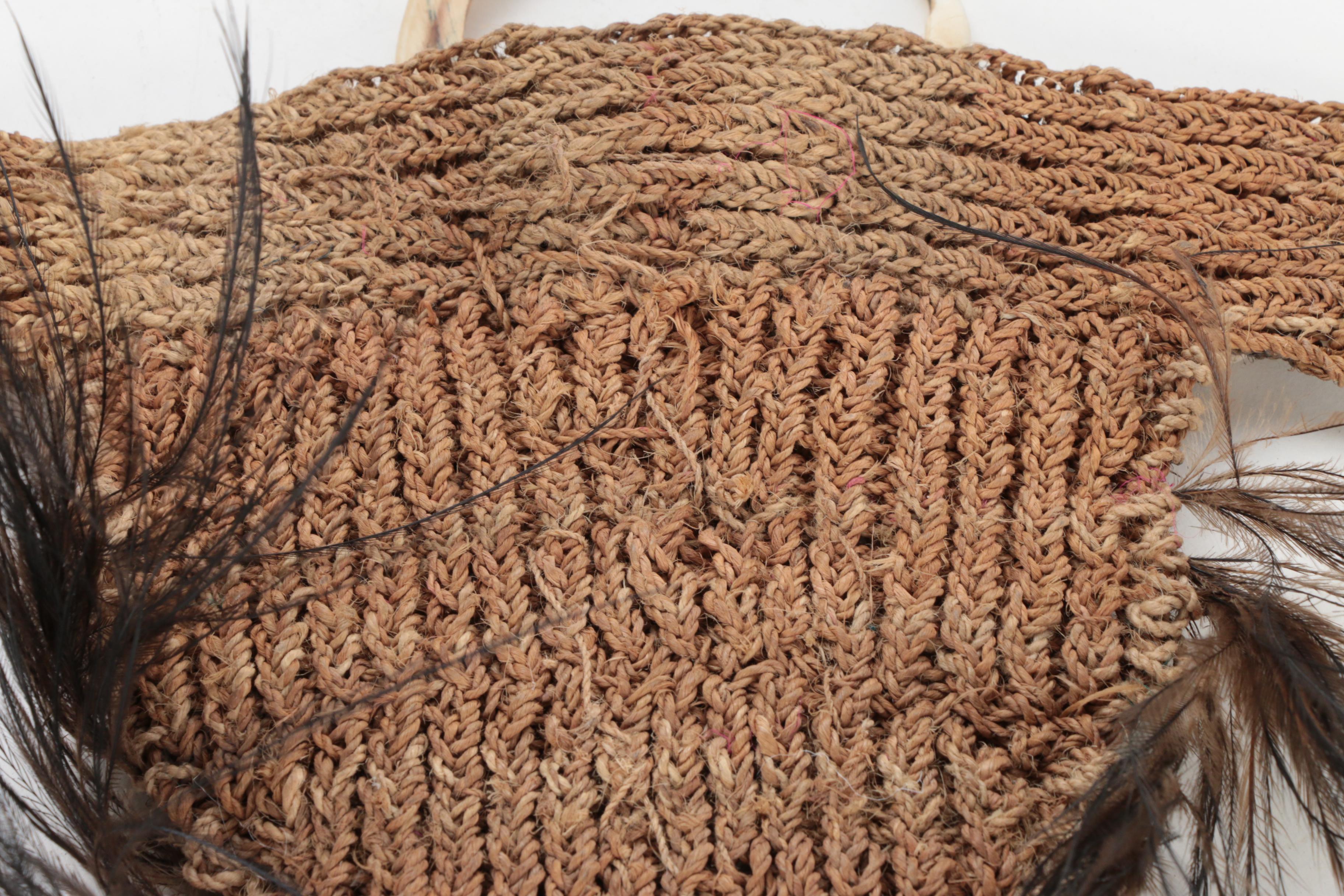 Middle Sepik River Valley Boar Tusk, Shell, and Feather Woven Fiber Gourd Cover