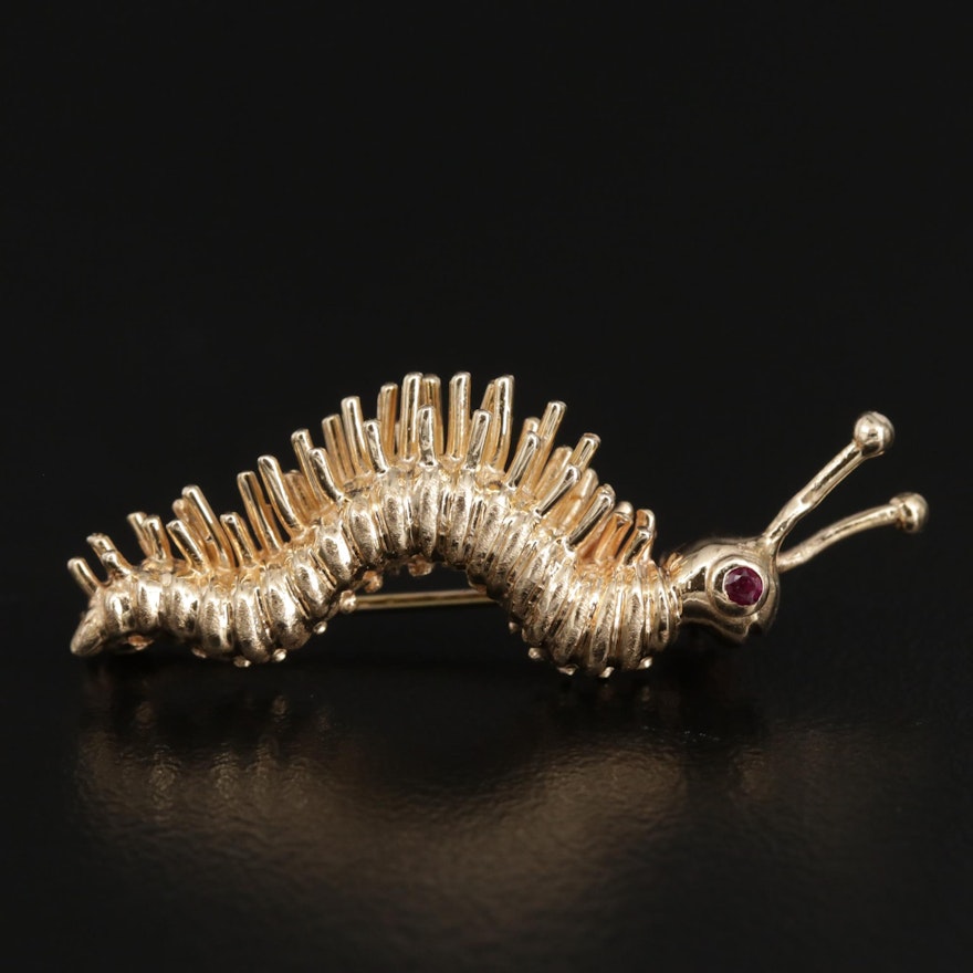 14K Ruby Caterpillar Brooch