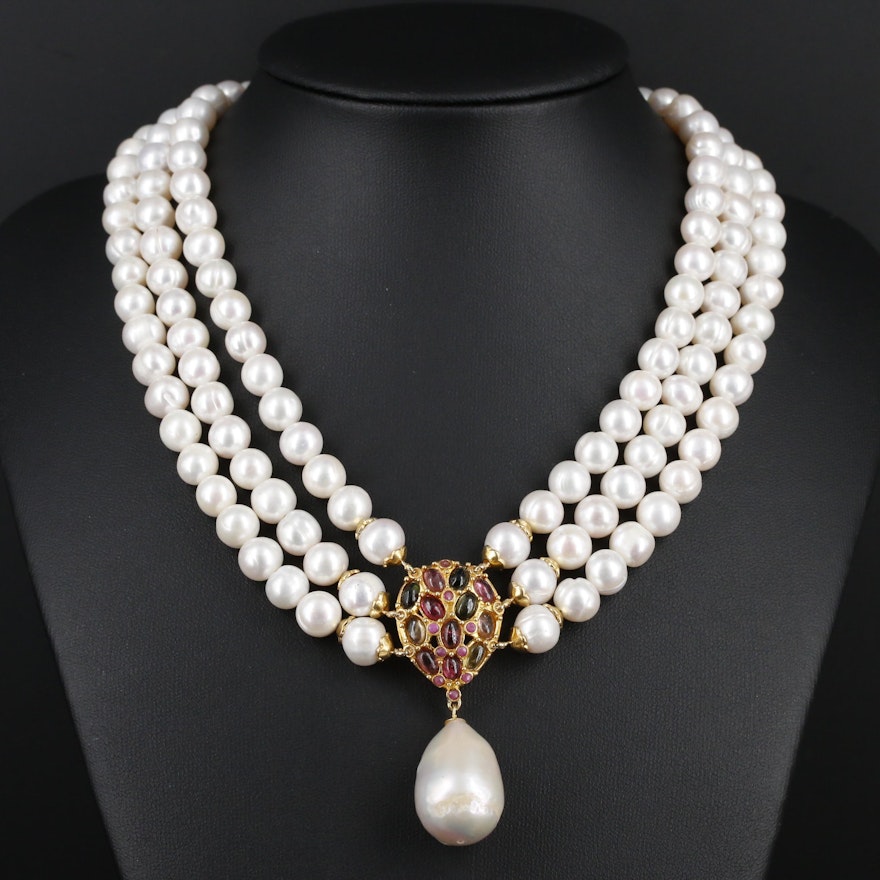 Pearl Multi-Strand Necklace Featuring Sterling Silver and Tourmaline Accents