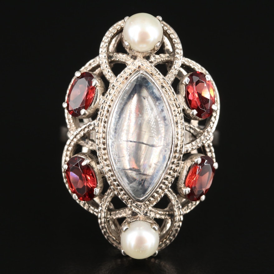 Nicky Butler Sterling Silver Rainbow Moonstone, Garnet, and Pearl Ring