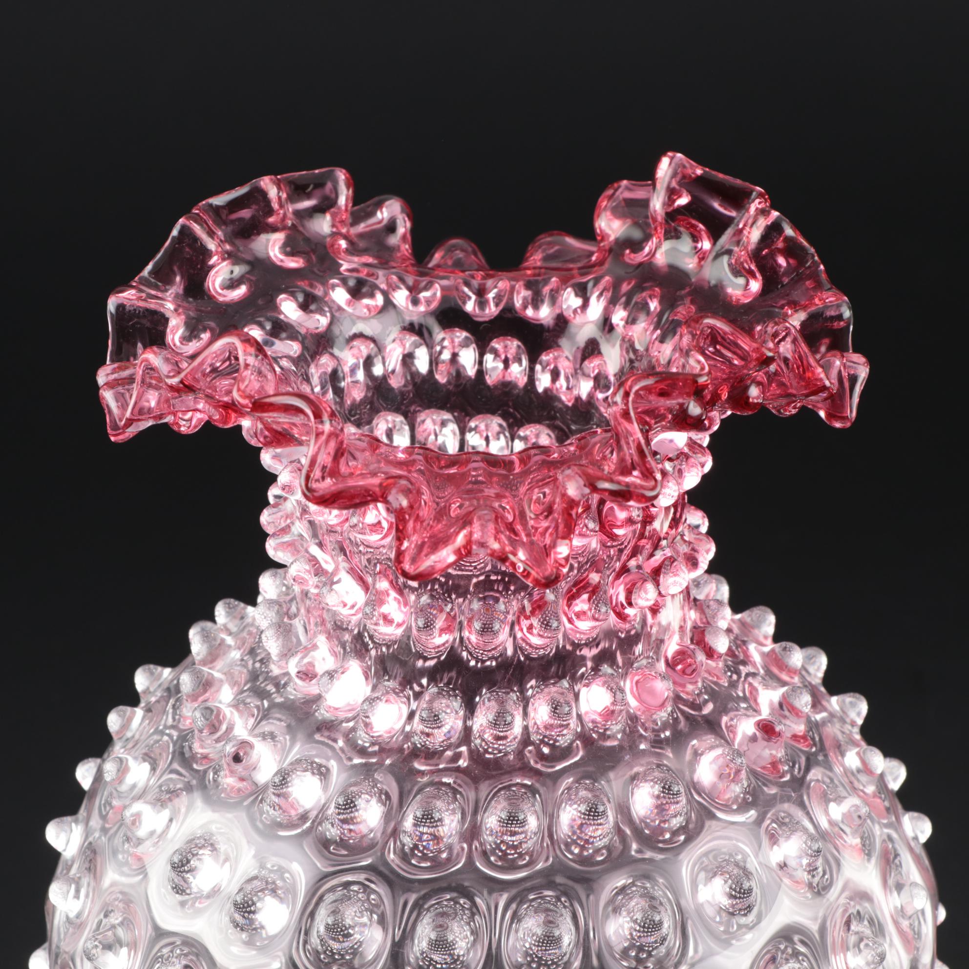 Jilek Brothers Glassworks Cranberry to Clear Hobnail Art Glass Vase, 1950s