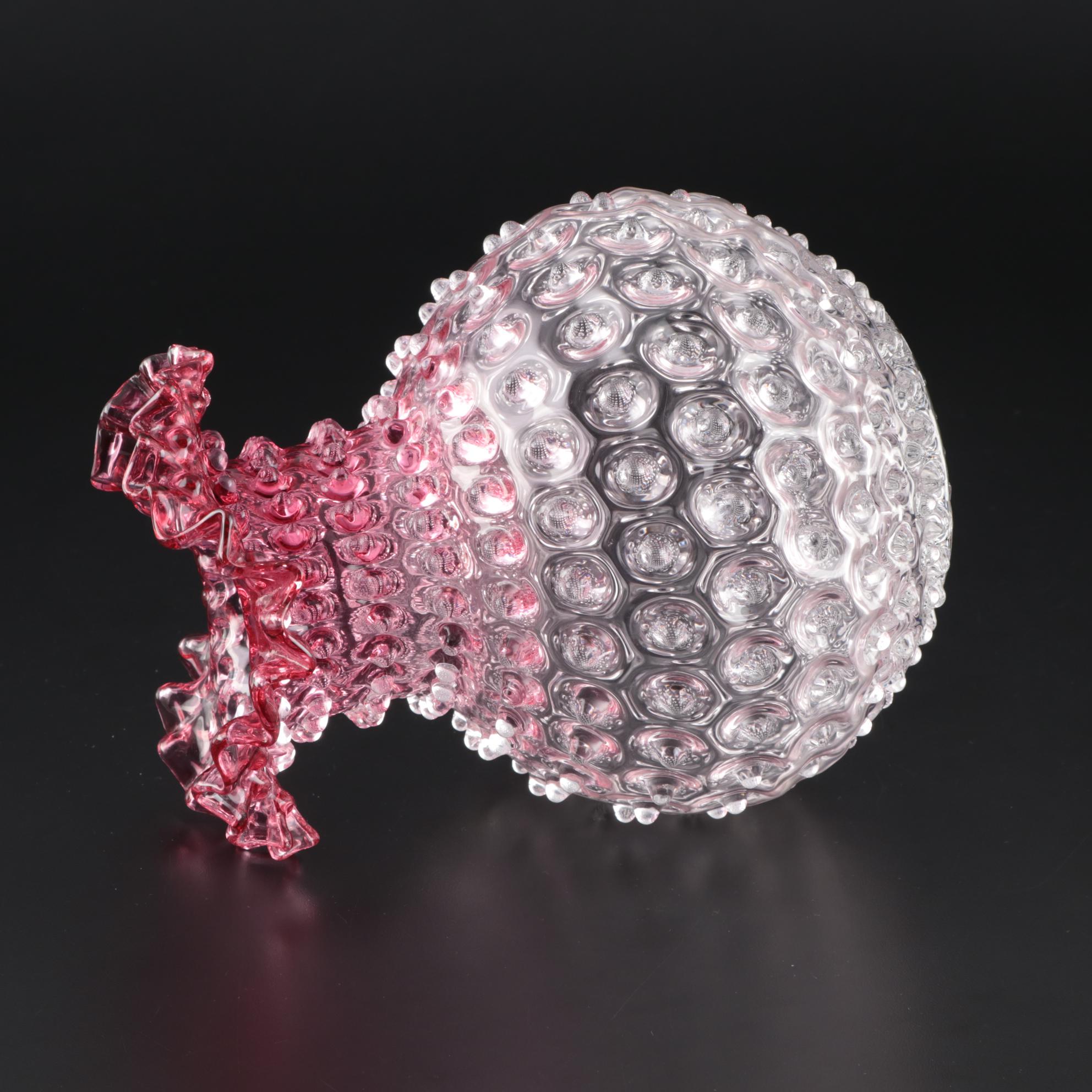 Jilek Brothers Glassworks Cranberry to Clear Hobnail Art Glass Vase, 1950s