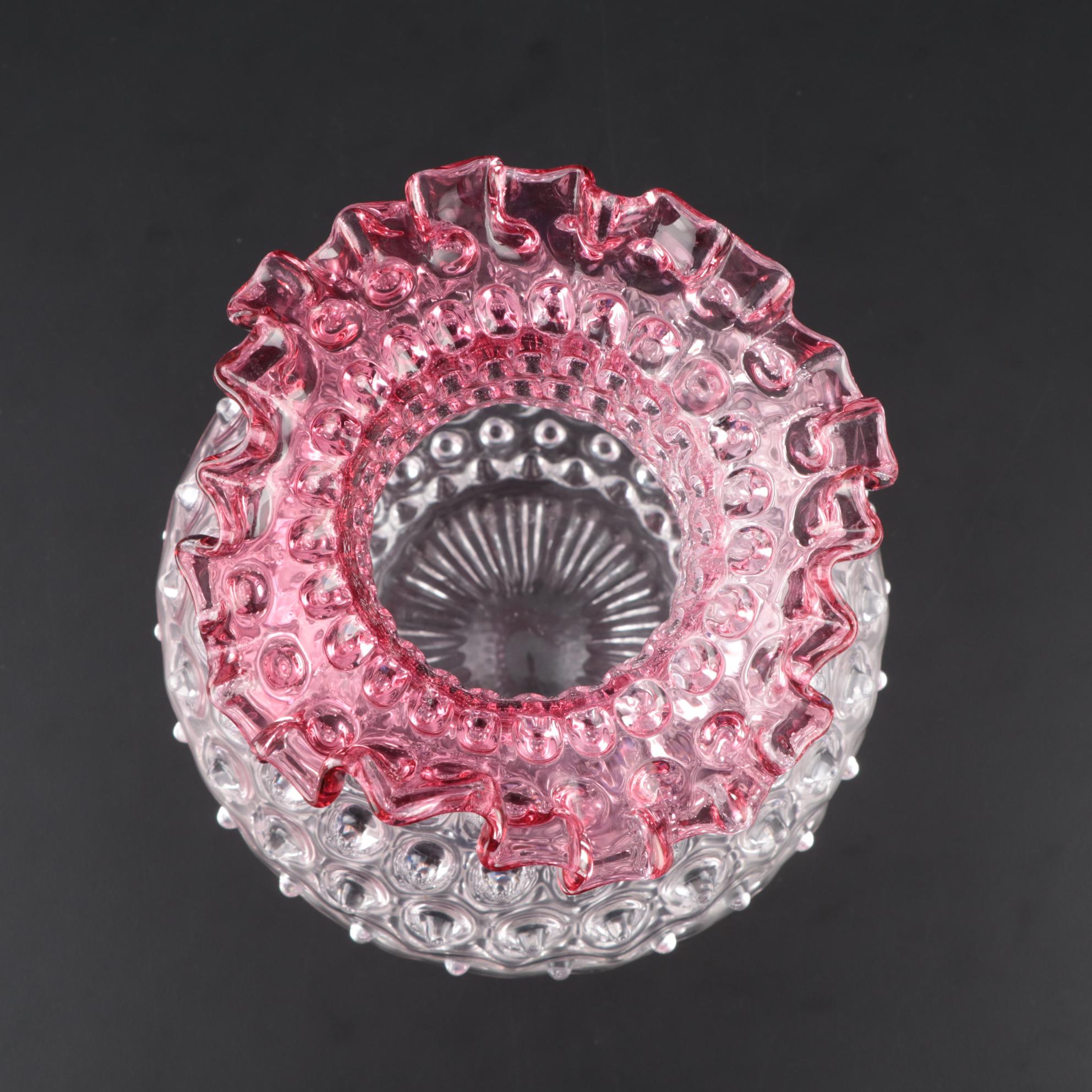 Jilek Brothers Glassworks Cranberry to Clear Hobnail Art Glass Vase, 1950s