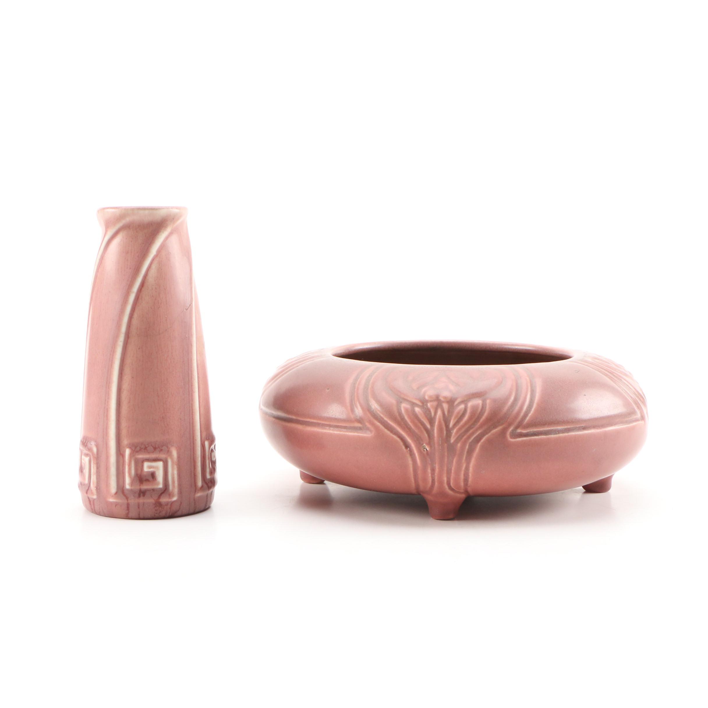 Rookwood Pottery Matte Glaze Low Bowl and "Greek Key" Vase, 1920 and 1924